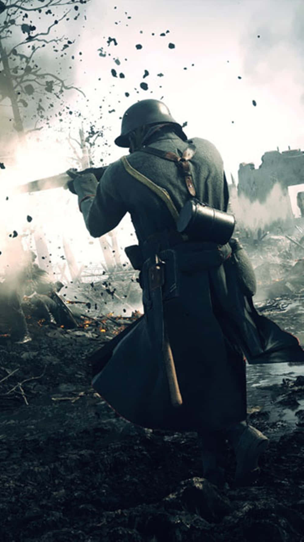 A Soldier Is Shooting A Gun In A Battlefield Background