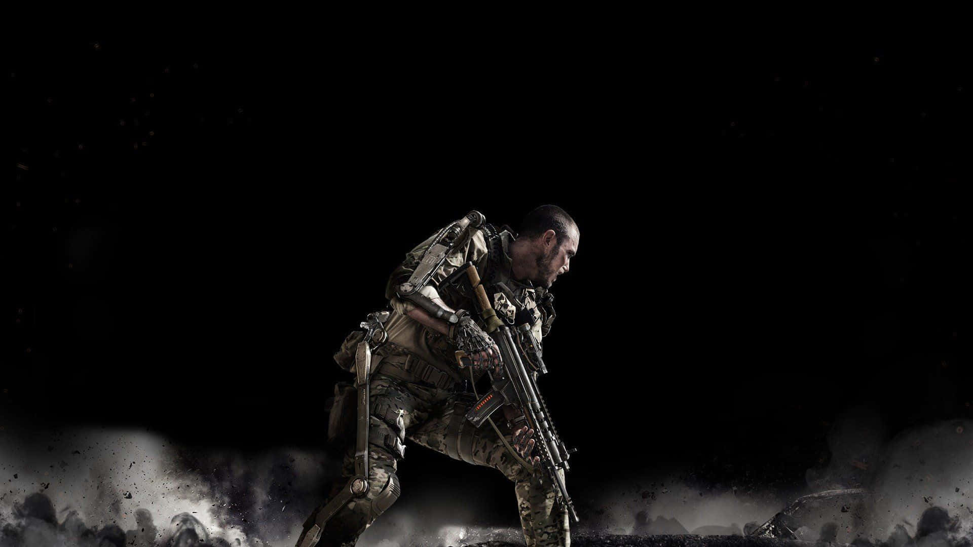 A Soldier Is Standing In The Dark With A Gun Background