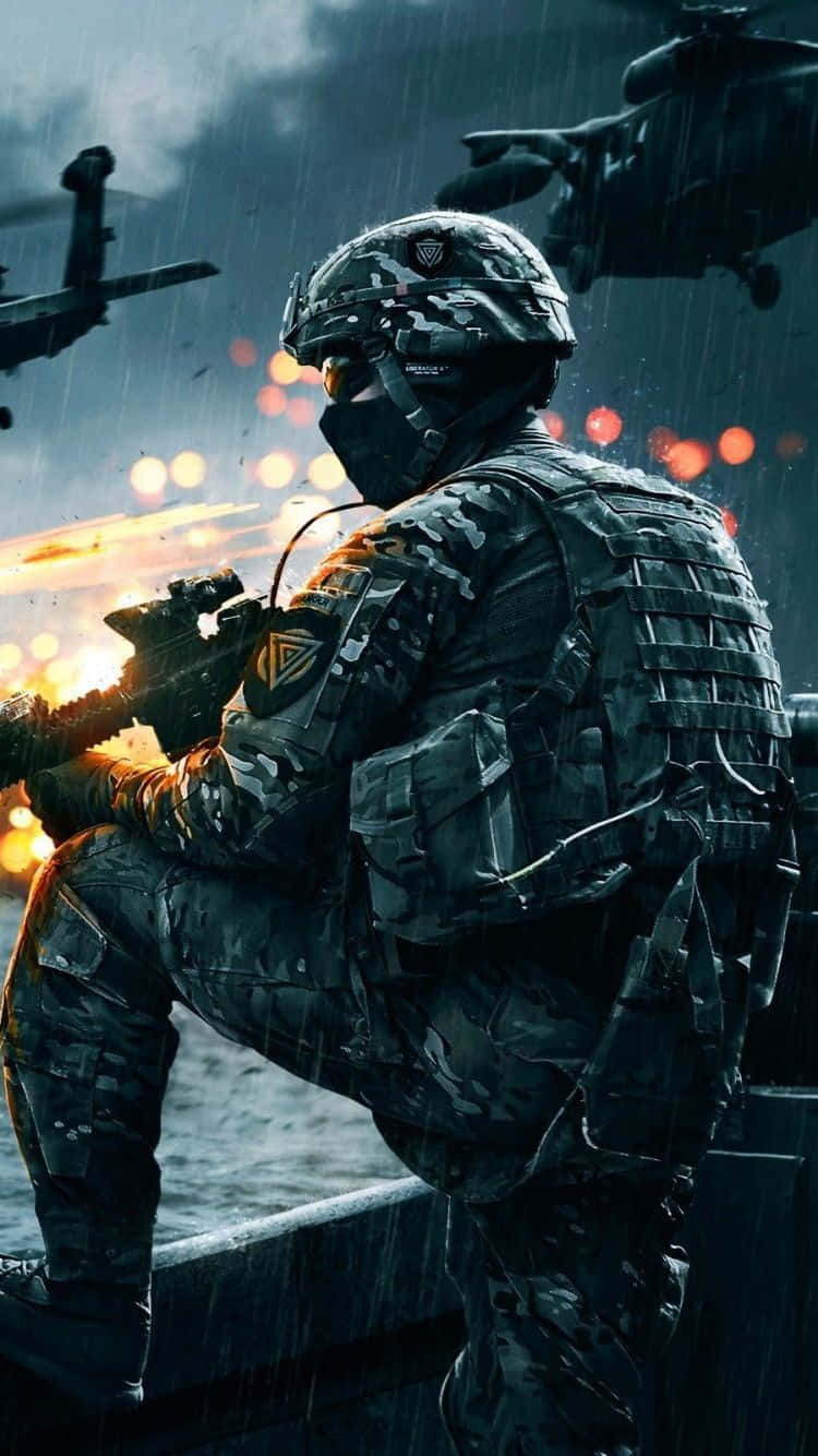 A Soldier Is Standing On A Boat With Helicopters Flying Overhead Background