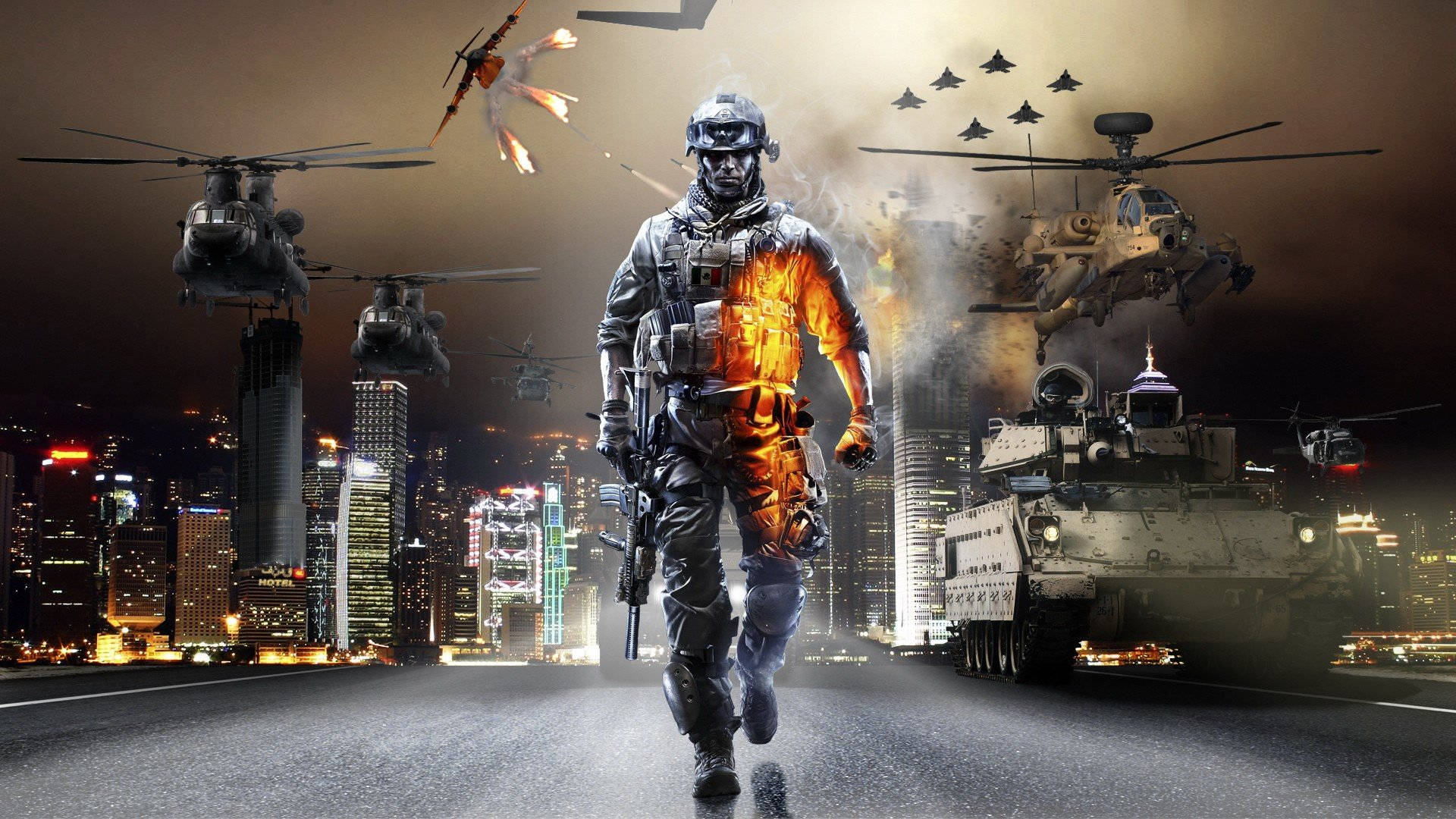 A Soldier Is Walking Down The Street With Helicopters Background