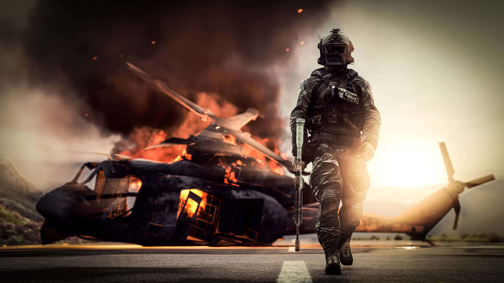 A Soldier Is Walking In Front Of A Helicopter Background
