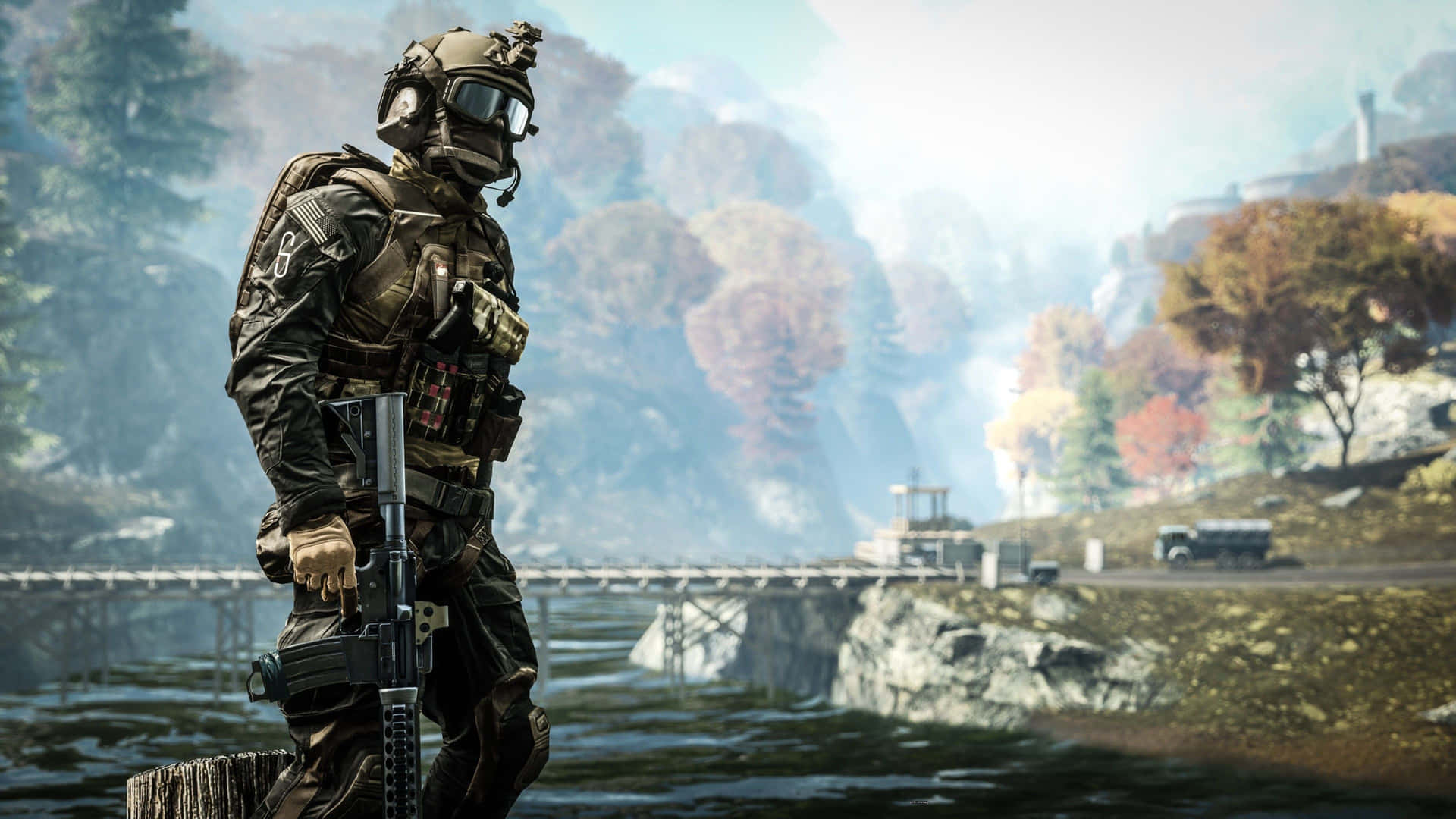 A Soldier Standing On A Bridge Near A River Background