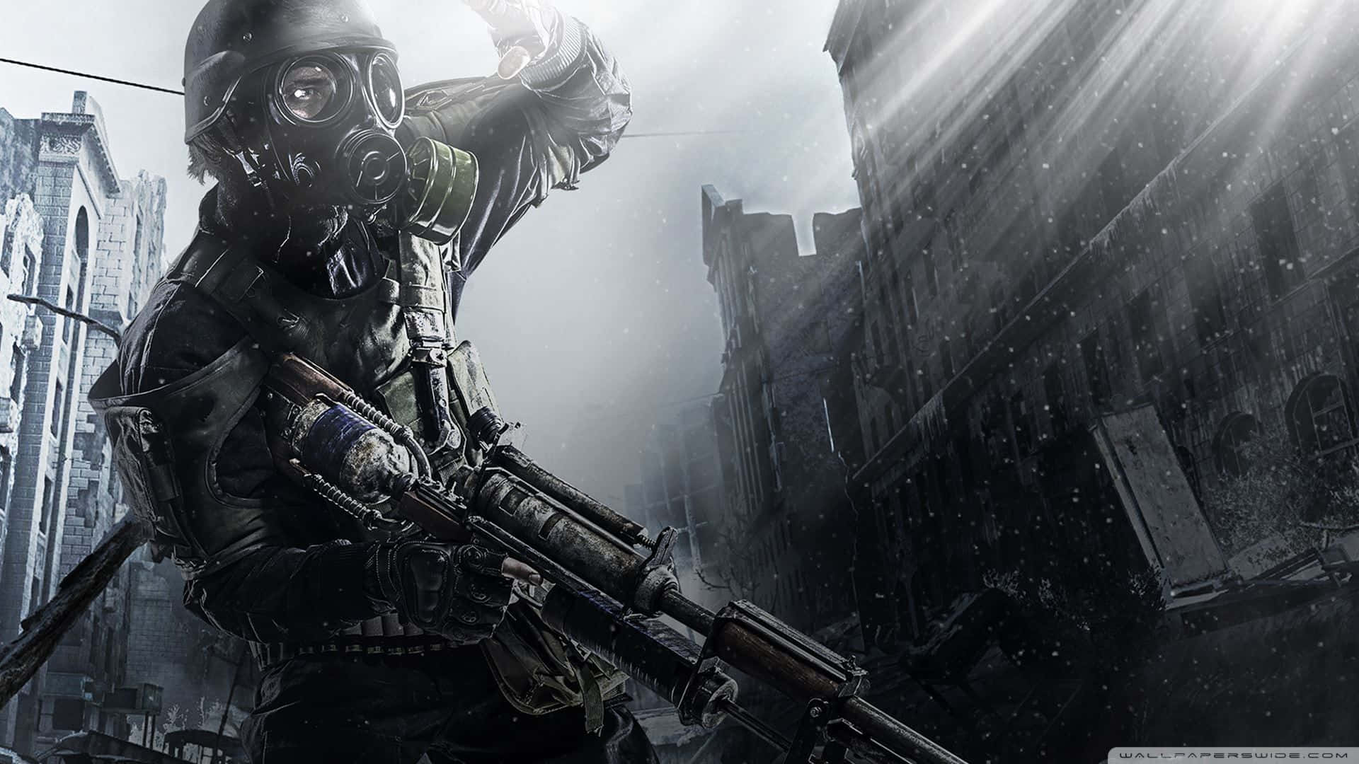 A Soldier With A Gun In A City Background