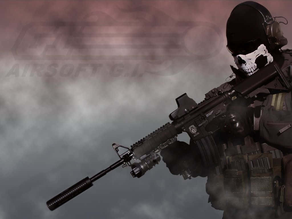 A Soldier With A Rifle And A Mask Background