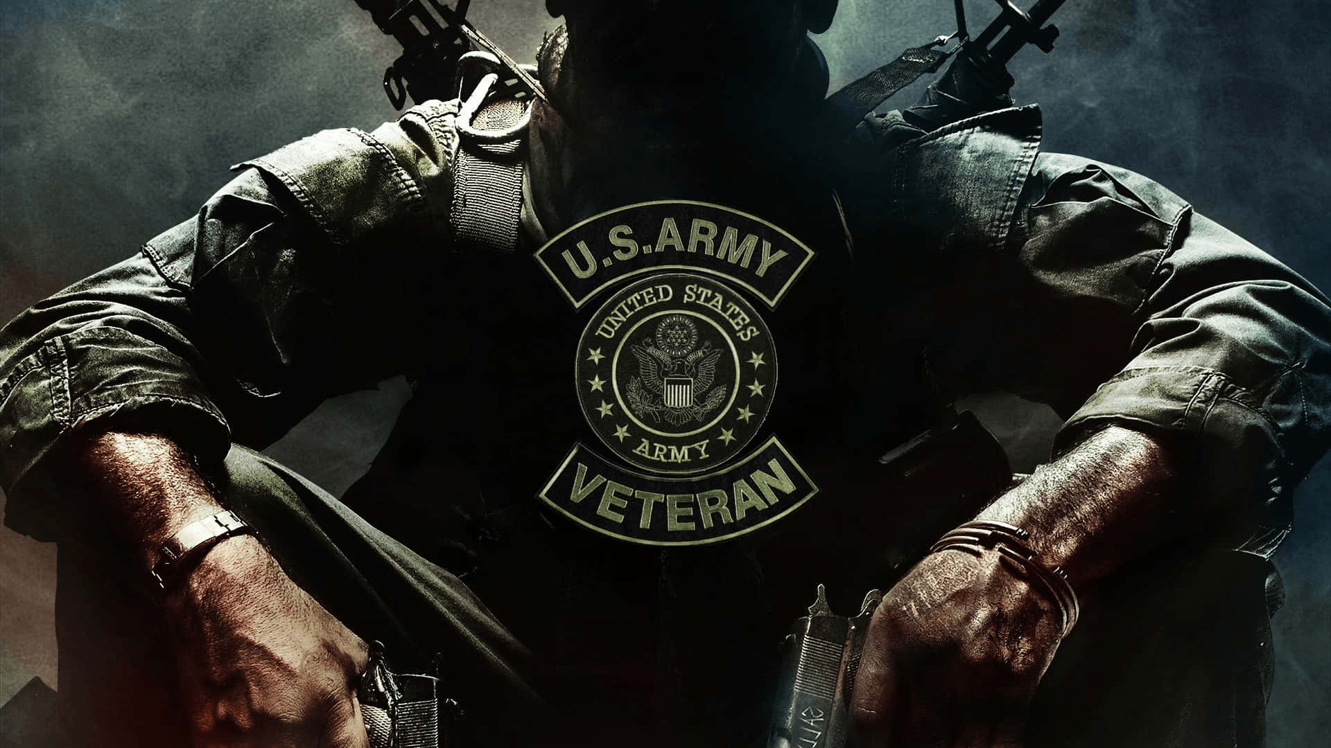 A Soldier With Guns Sitting On A Chair Background