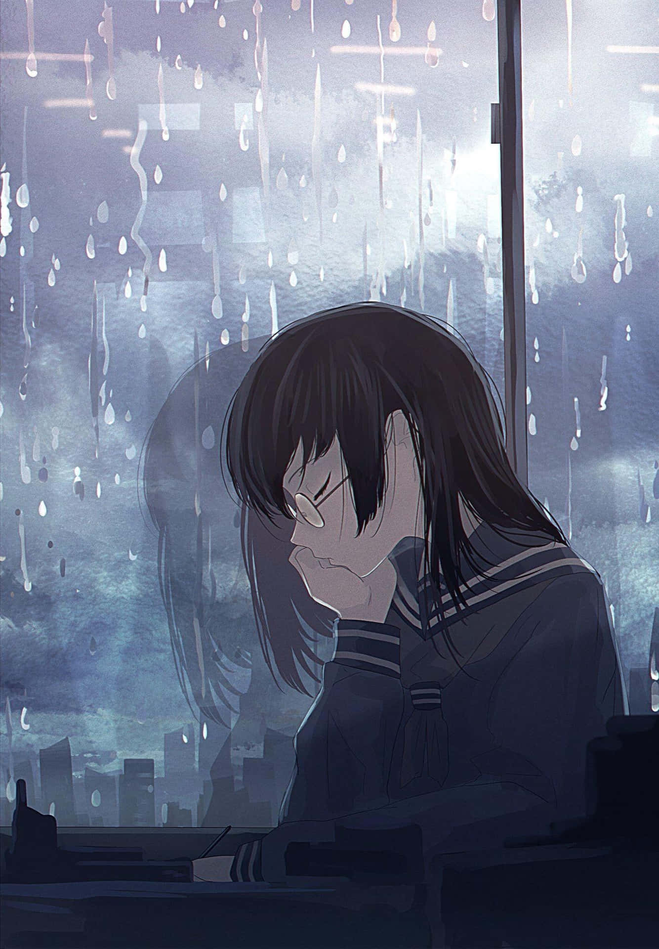 A Somber Anime Character Deep In Thought Background