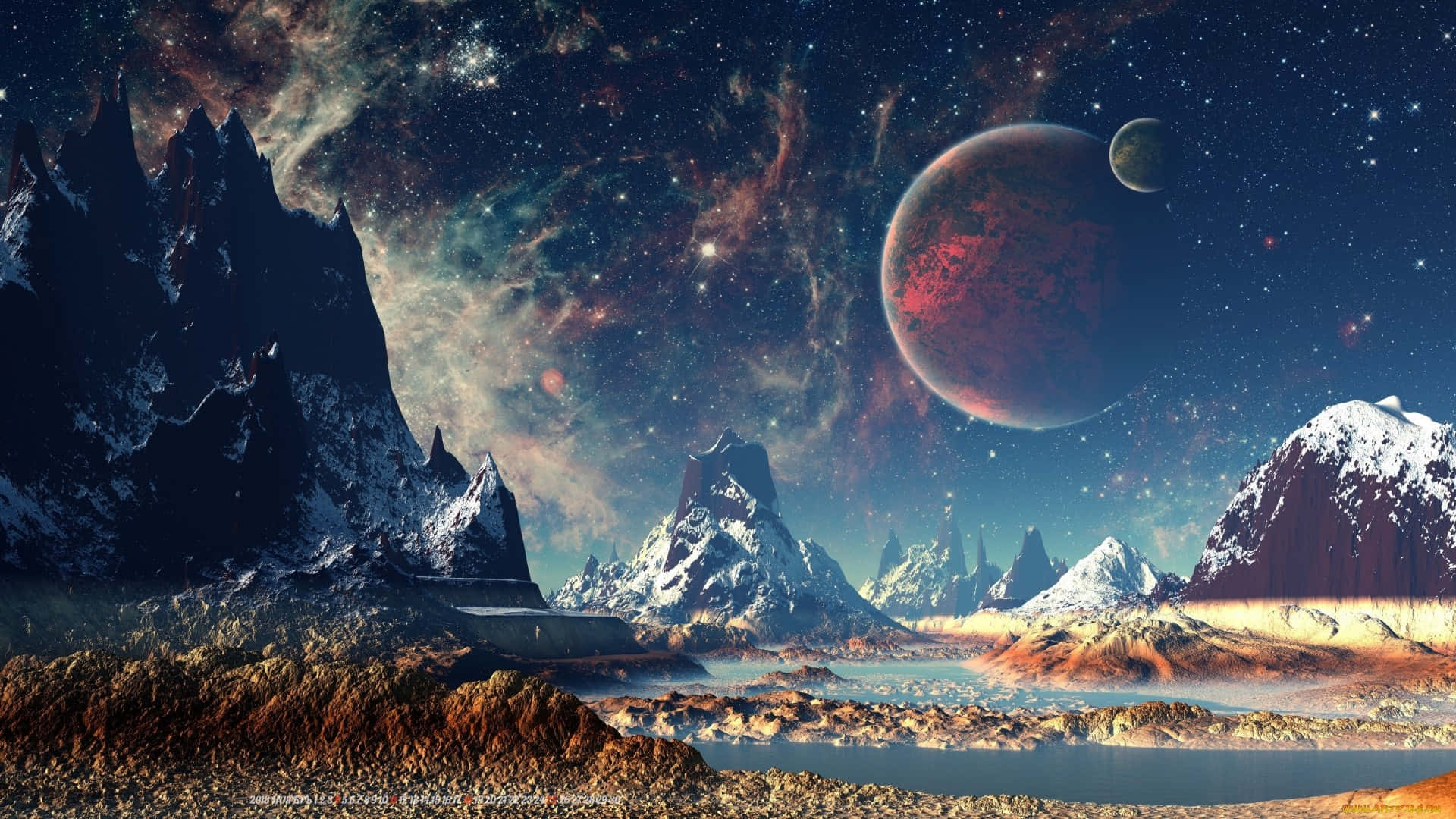 A Space Landscape With Mountains And A Lake Background