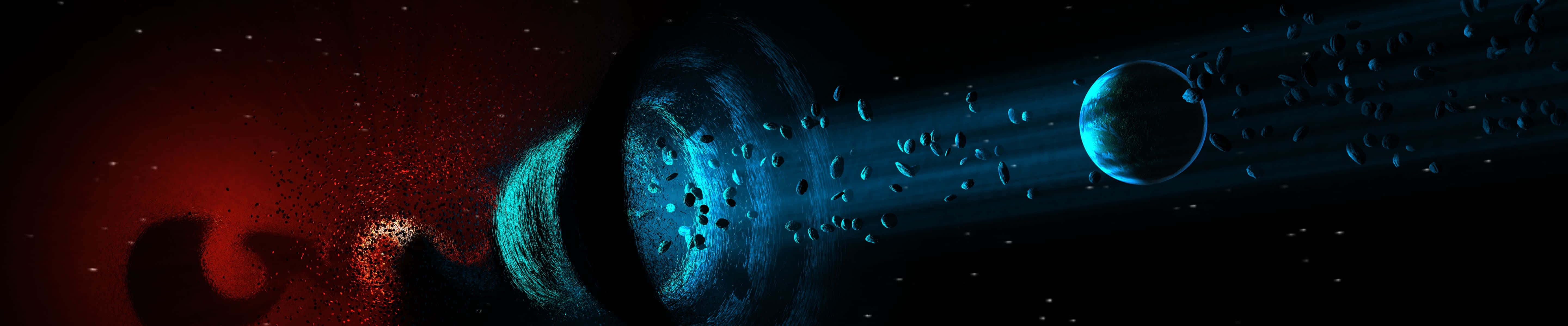 A Space Scene With A Blue And Red Planet