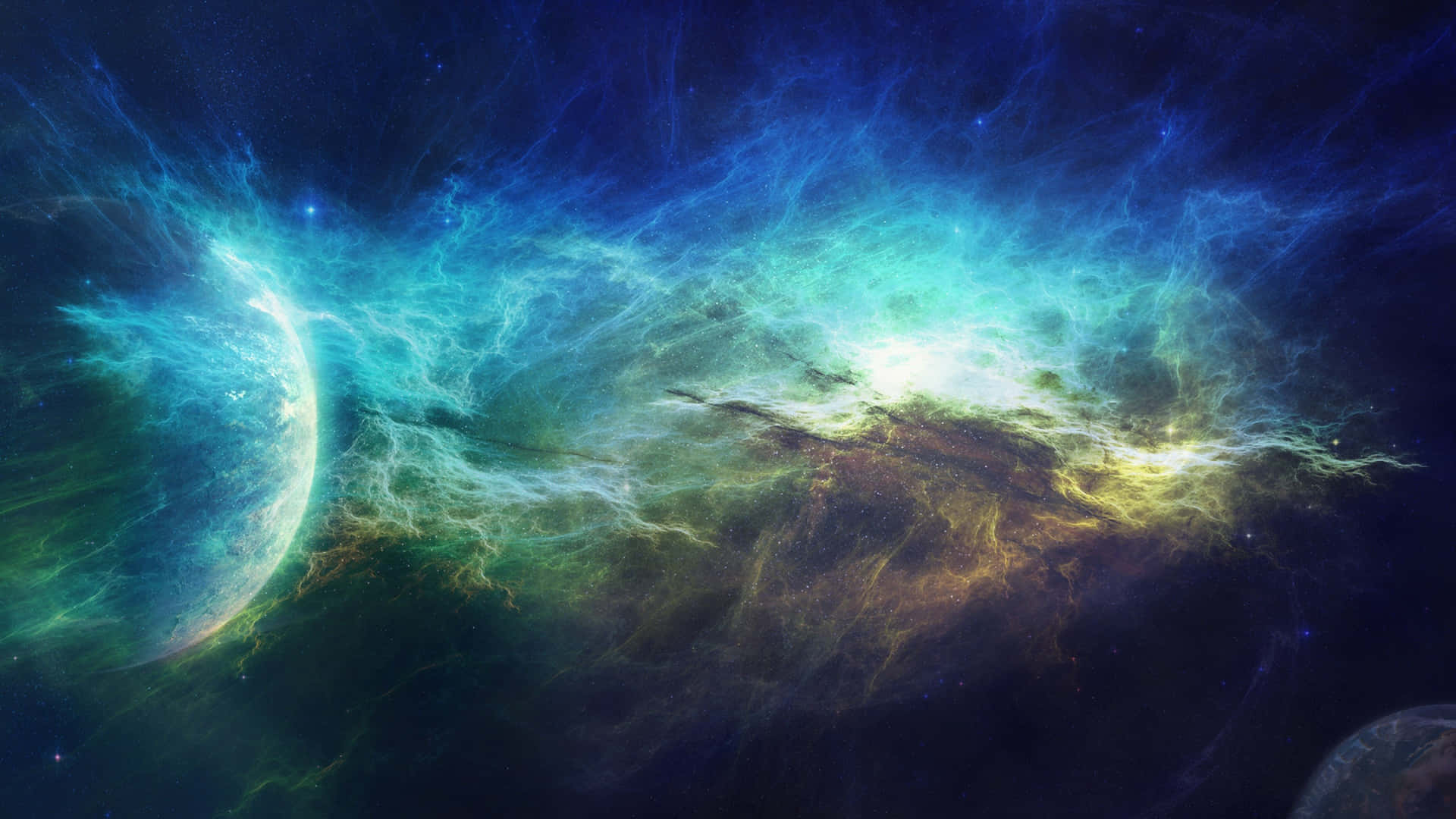 A Space Scene With A Planet And Nebula Background