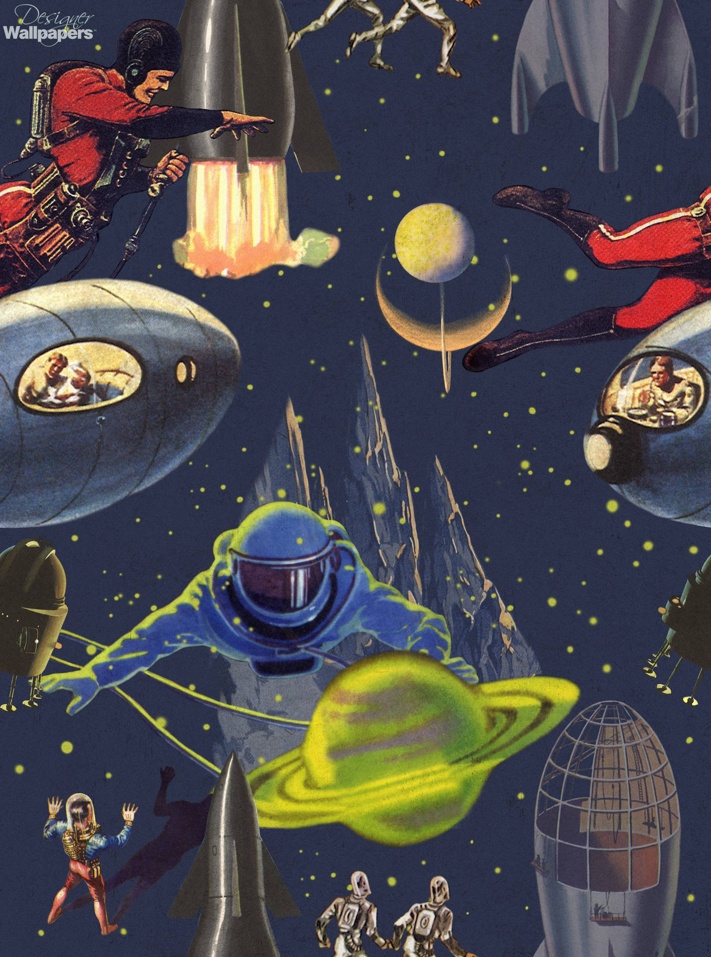 A Space Themed Fabric With Astronauts And Spaceships Background