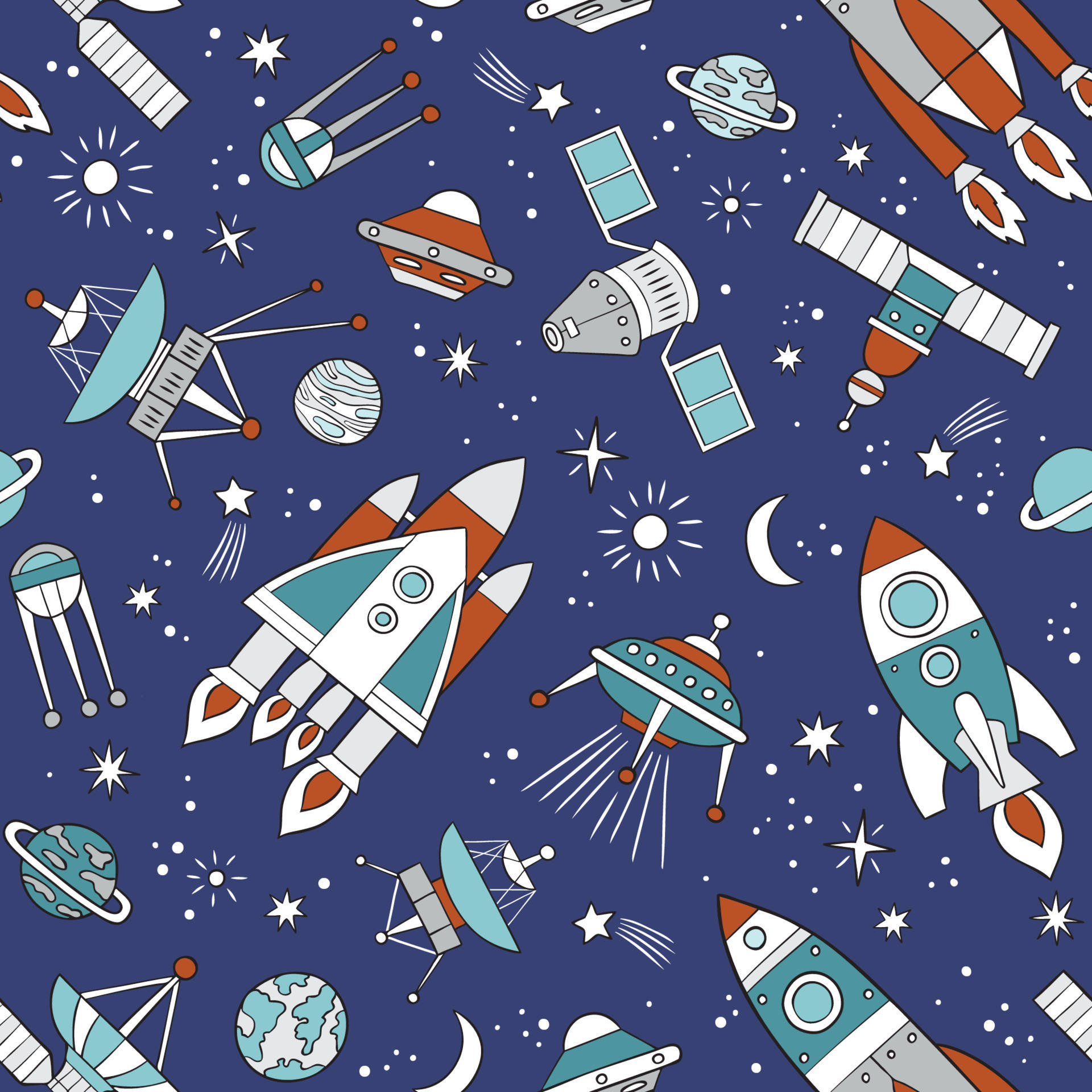 A Space Themed Pattern With Spaceships And Rockets Background