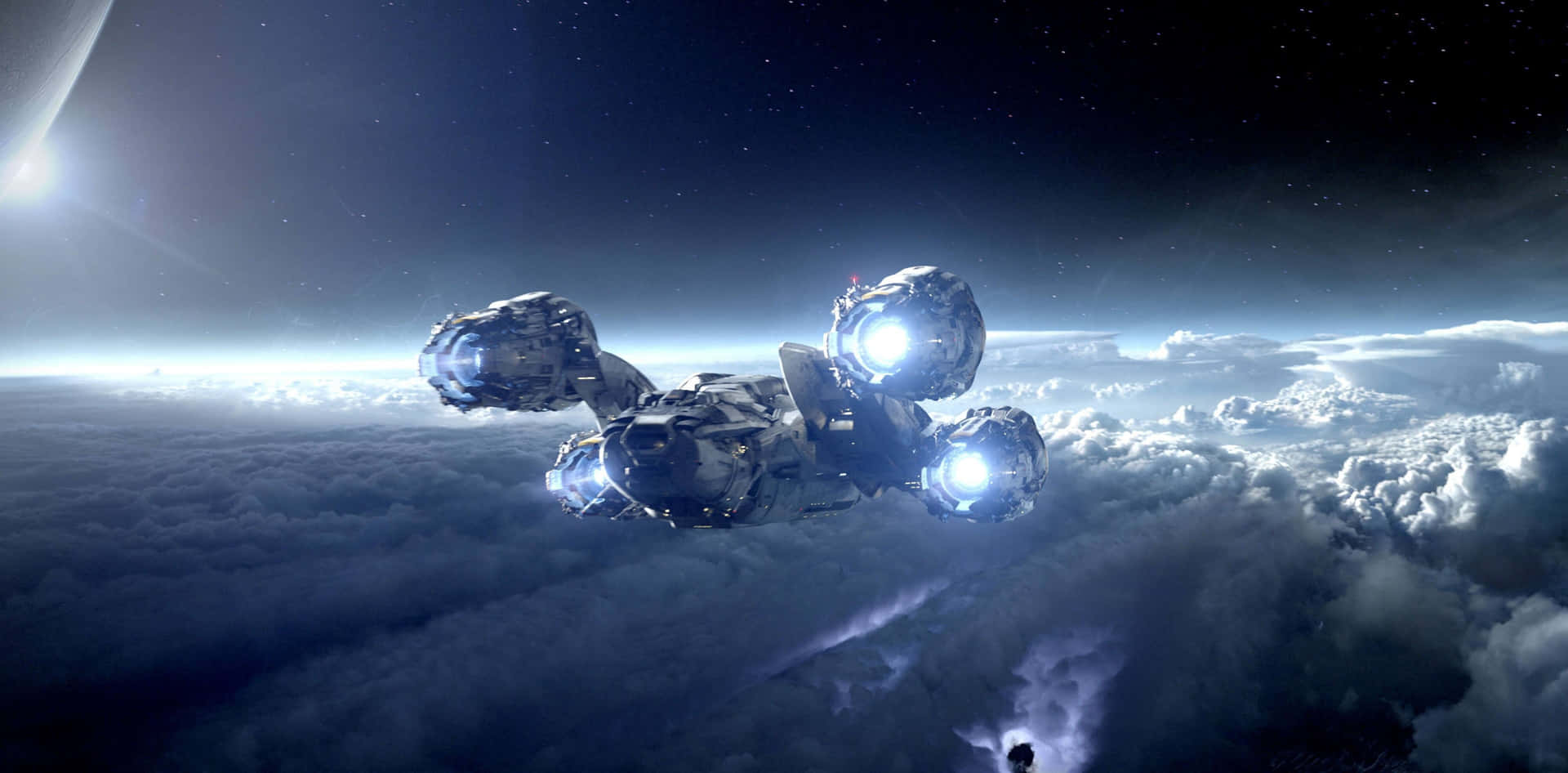 A Spaceship Flying Over The Clouds Background