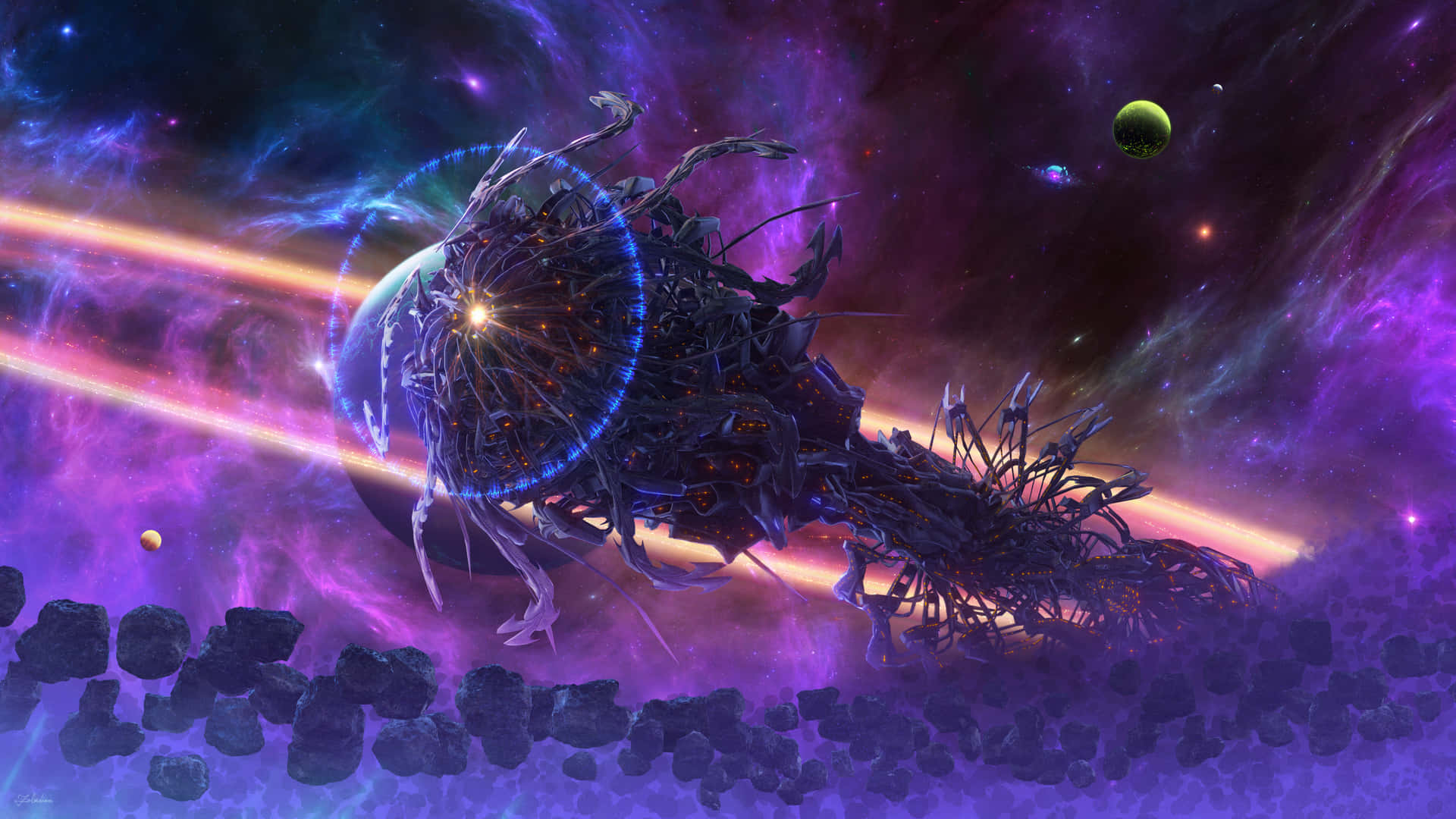 A Spaceship In Space With A Purple Background Background