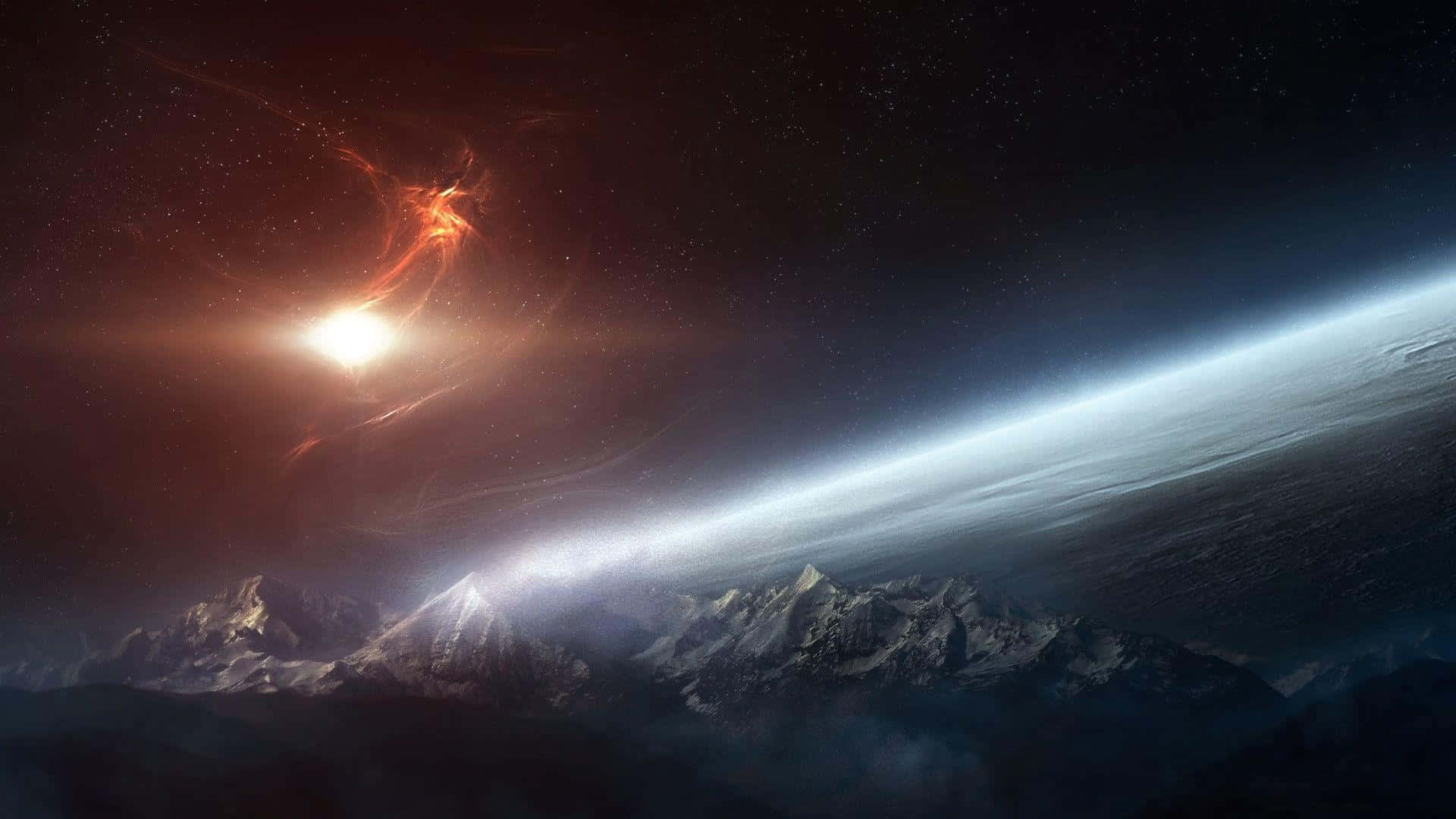 A Spaceship Is Flying Over A Mountain Background