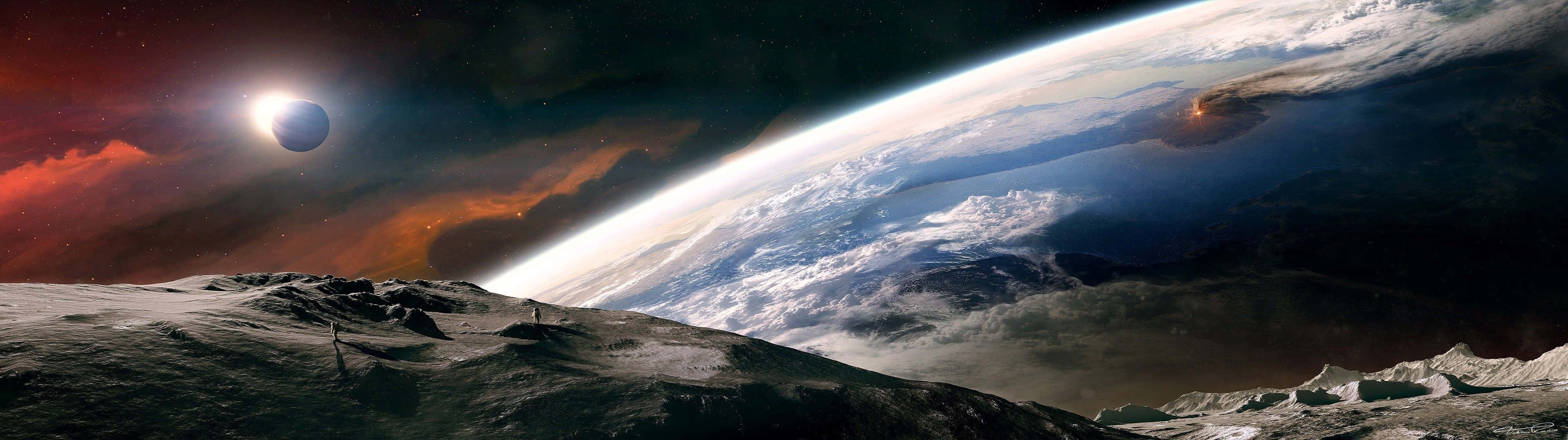 A Spaceship Is Flying Over The Earth Background