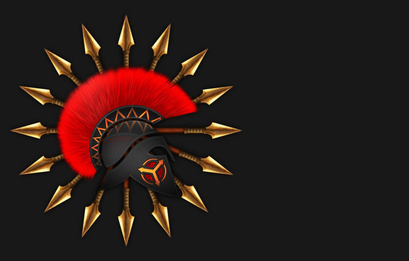 A Spartan Helmet With Arrows And A Red Helmet Background