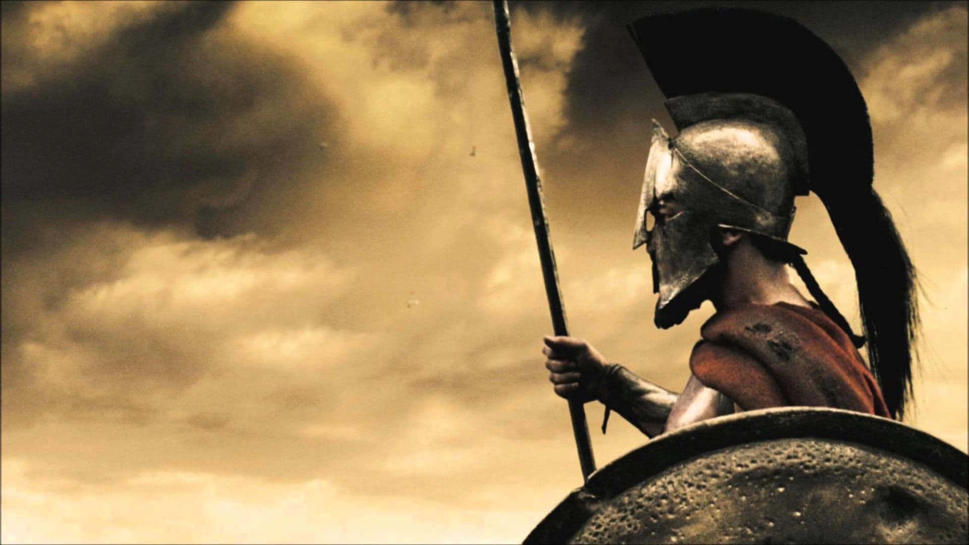 A Spartan Soldier Is Holding A Shield And Spear Background