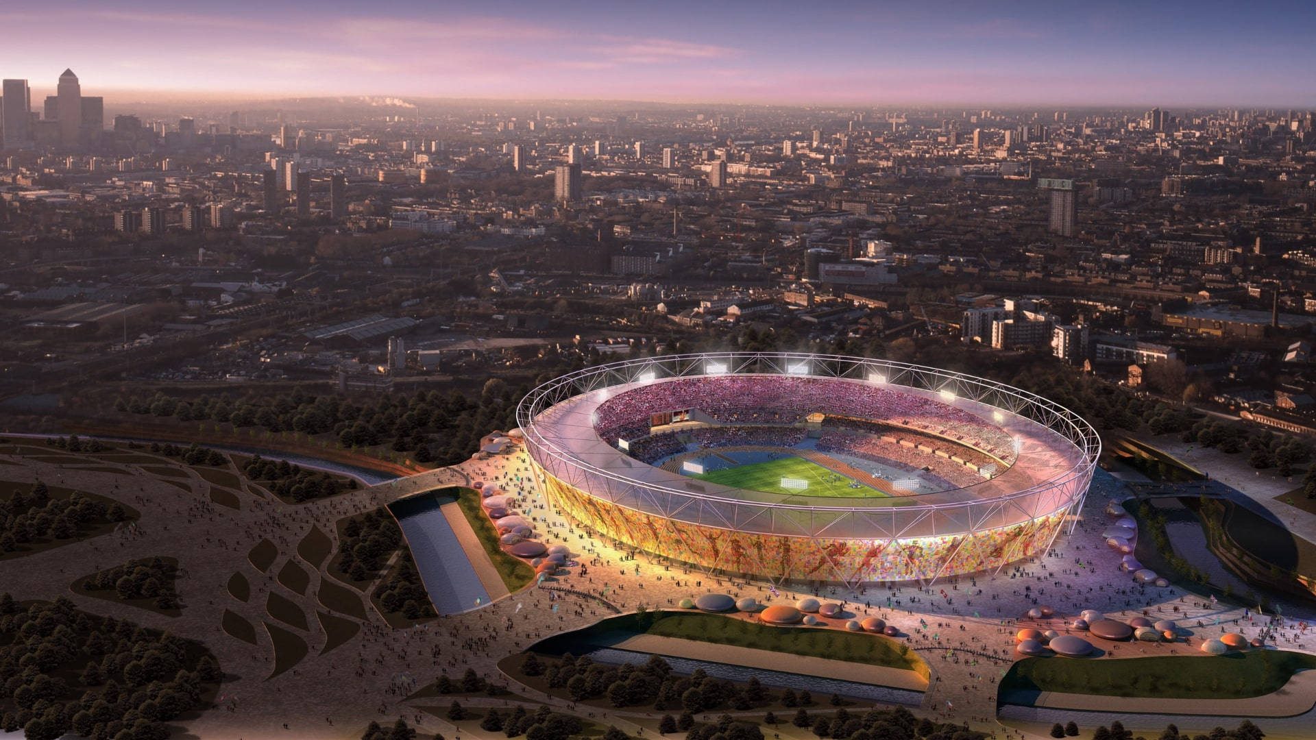 A Spectacular Sunset Visible Through The Stadium Of The Olympics Background