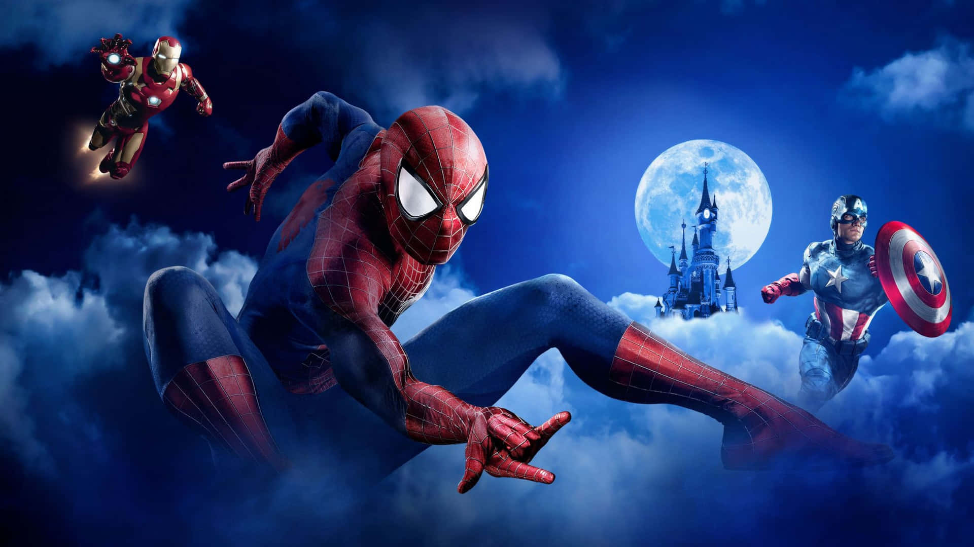 A Spider - Man And His Friends Flying In The Sky Background