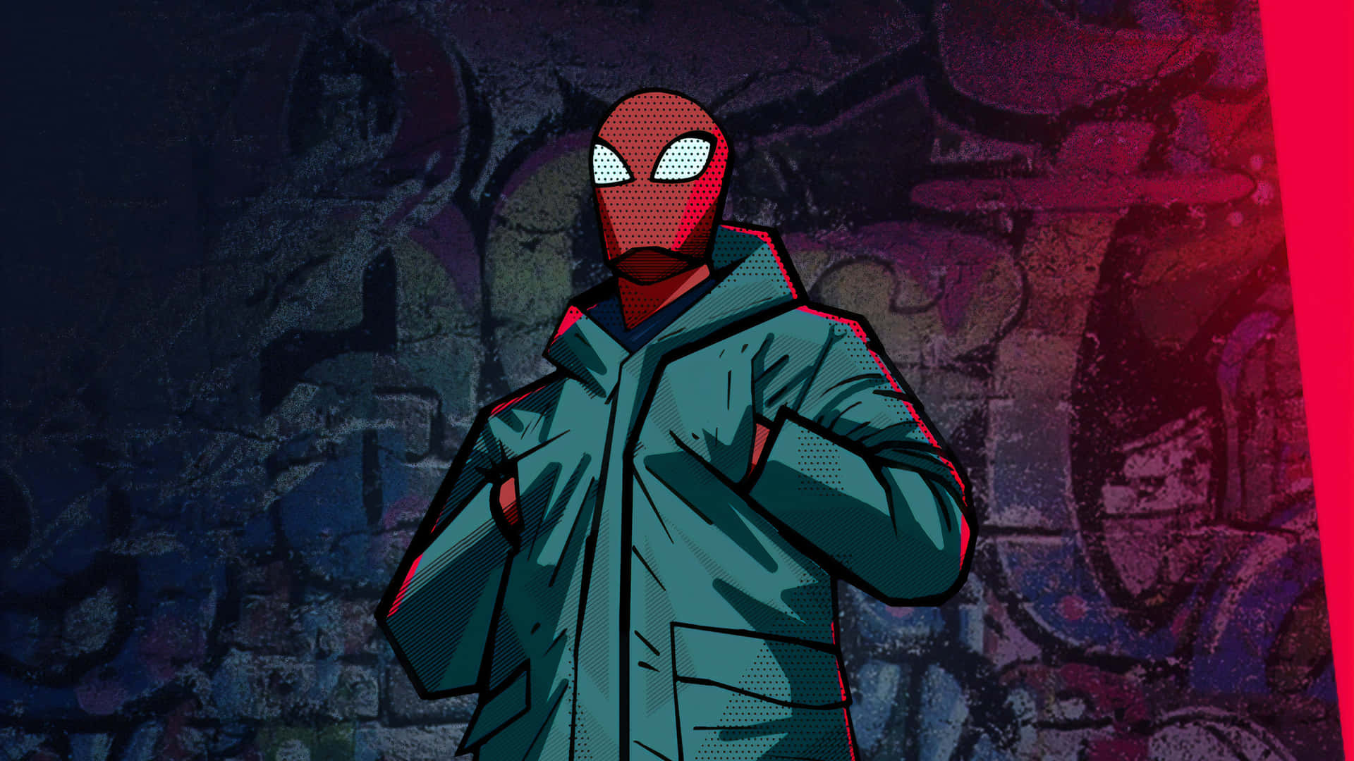 A Spider - Man In A Green Jacket Standing In Front Of Graffiti Background