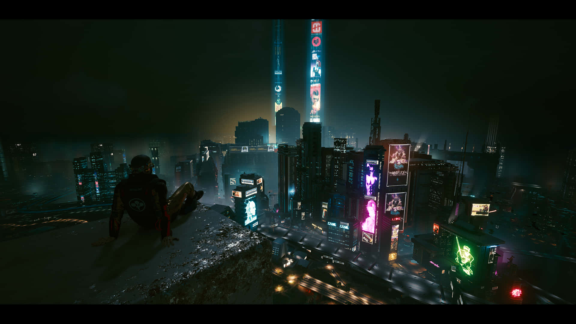 A Spired Cyberpunk Cityscape Twinkles In The Night Background