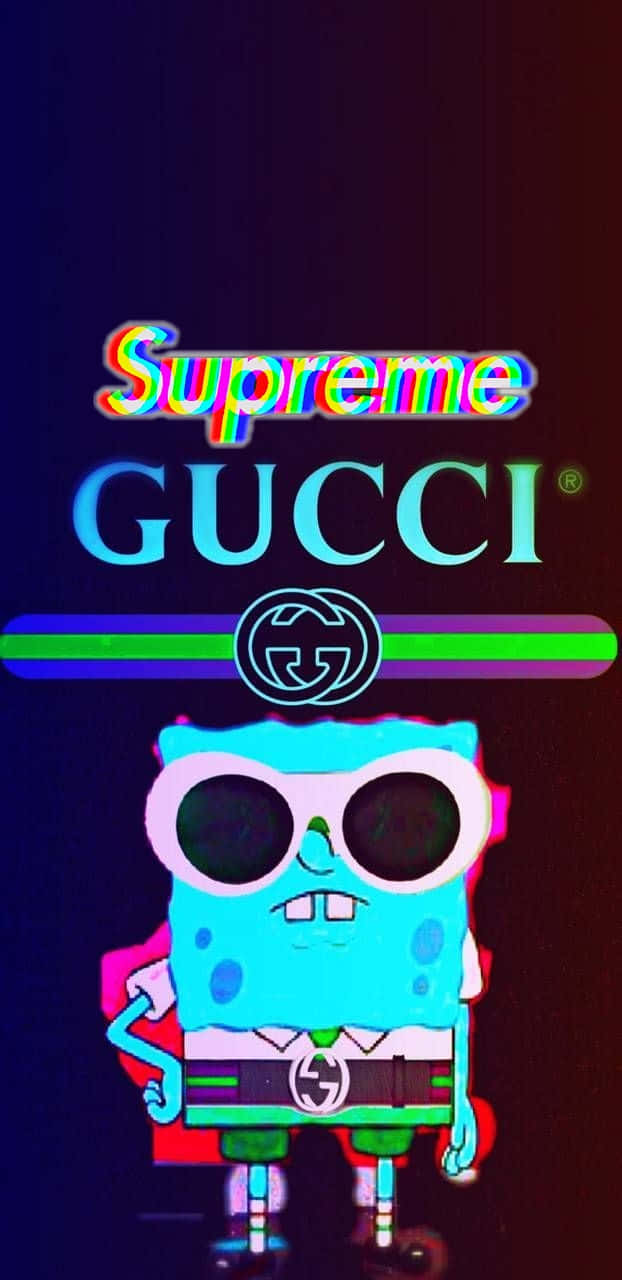 A Spongebob Squarepants Character With Sunglasses And A Gucci Logo Background