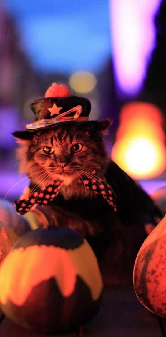 A Spooky Black Cat Ready For Halloween Background