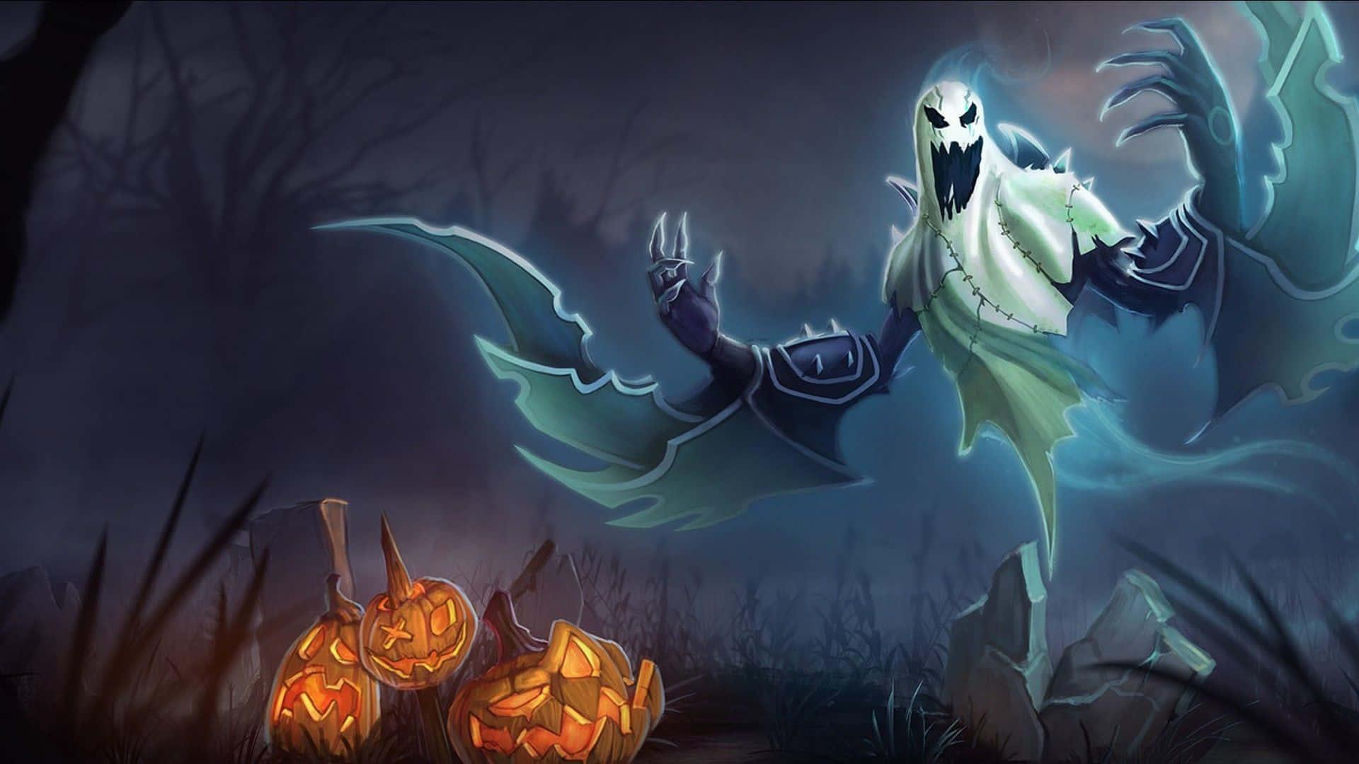 _ A Spooky Halloween Desktop Wallpaper With A Frightening Skeleton In The Center._ Background