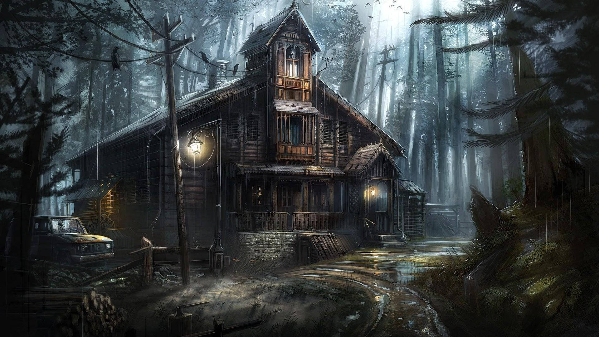 A Spooky Haunted House Awaits On Halloween Night Background