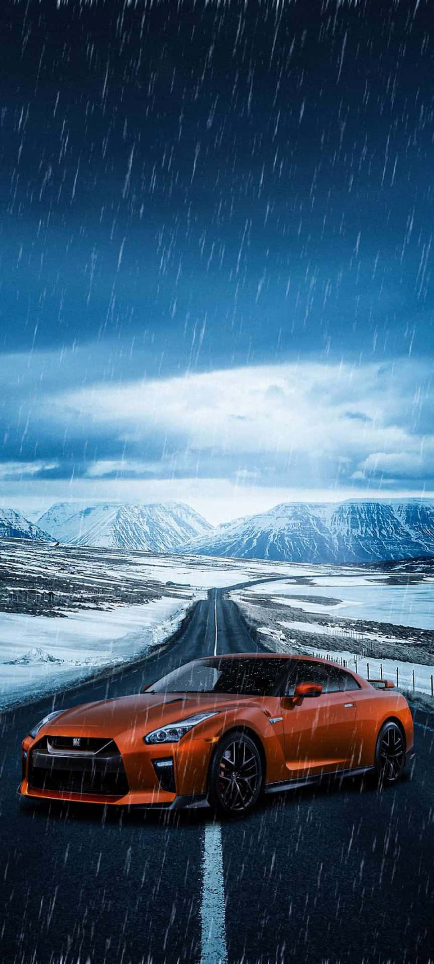 A Sports Car Driving Down A Road In The Rain Background