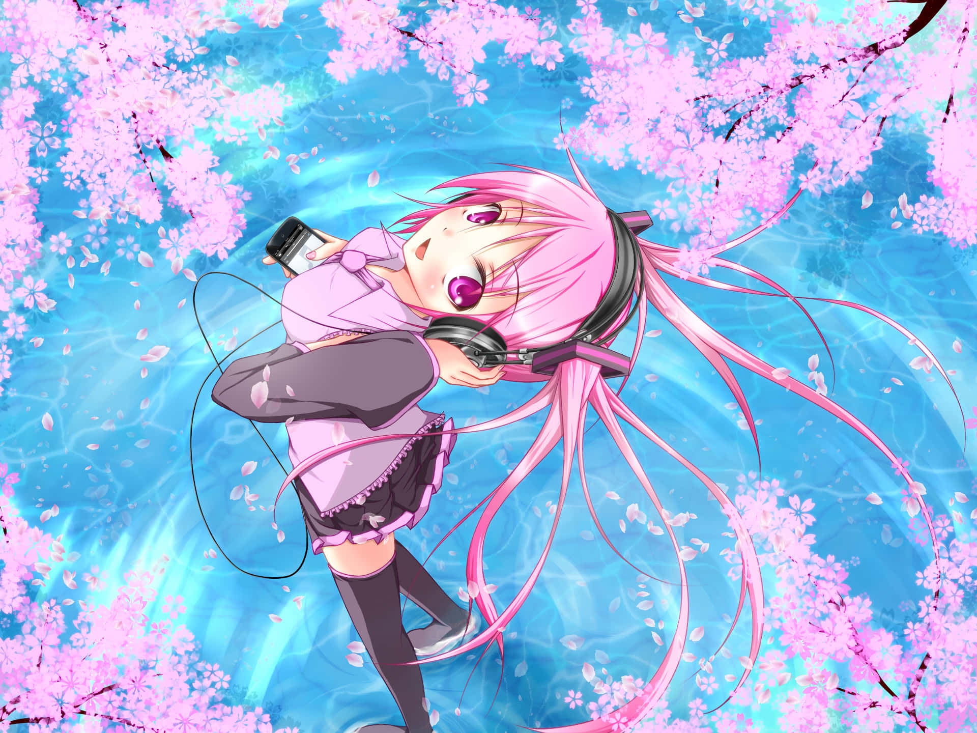 A Spring Vision Of The Magical Hatsune Miku, Surrounded By Cherry Blossoms Background