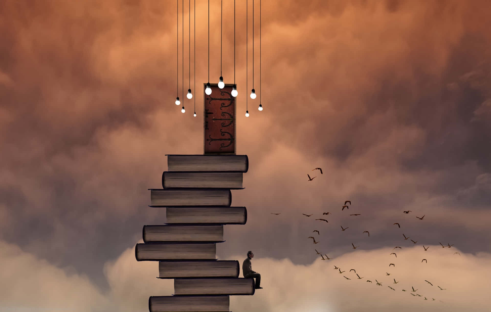A Stack Of Books With A Person Standing On Top Of Them Background
