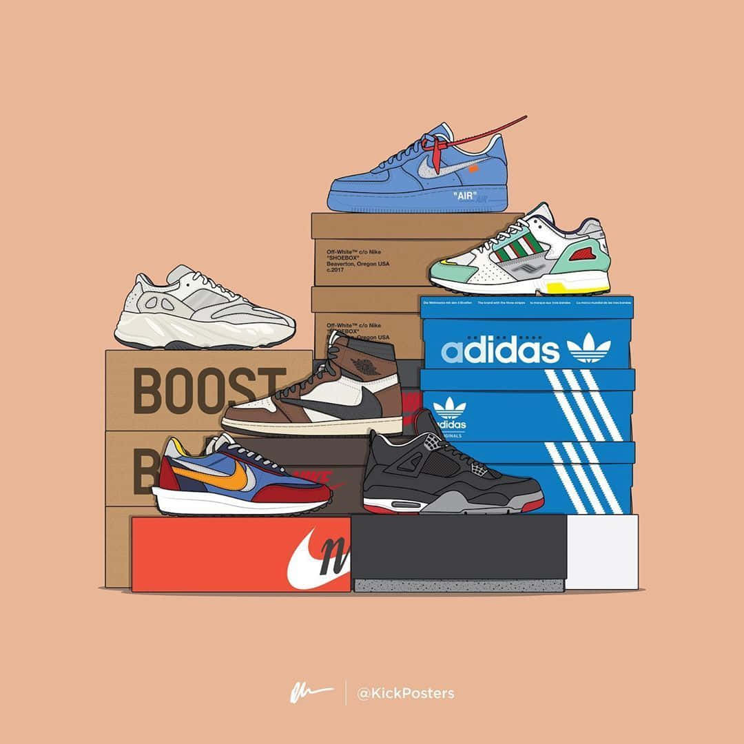 A Stack Of Sneakers On A Brown Background Background