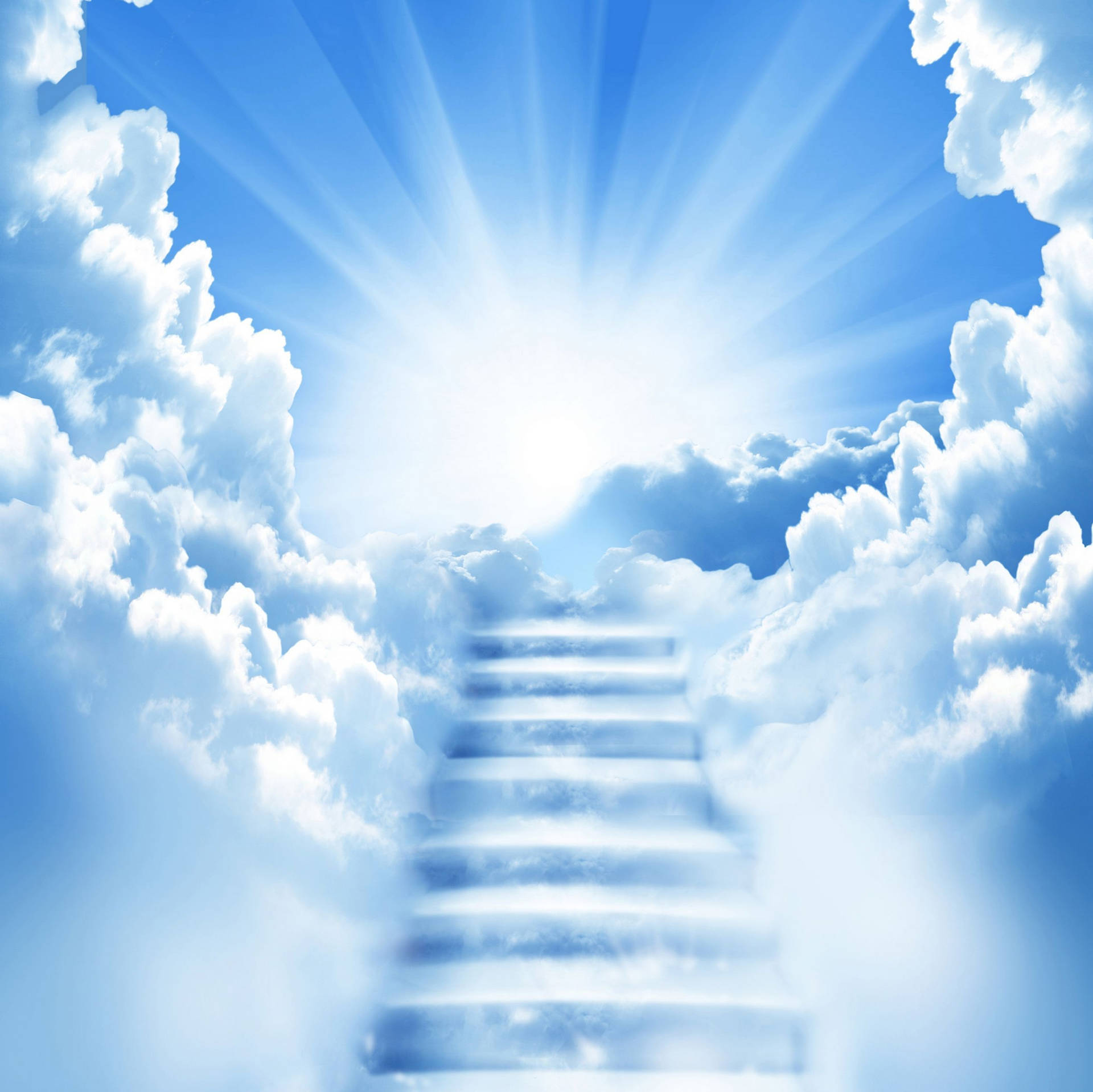 A Staircase Leading To Heaven With A Bright Light Shining Through The Clouds Background