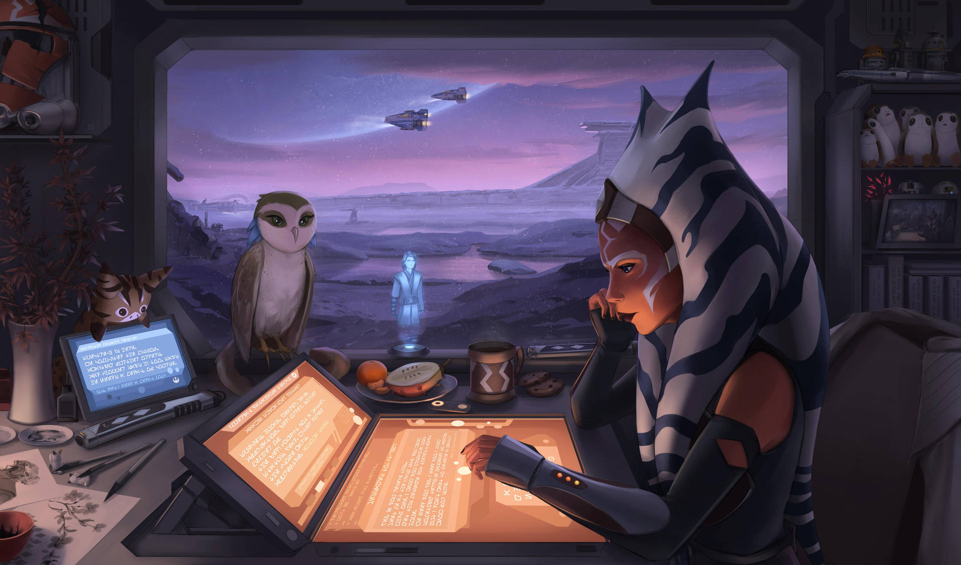 A Star Wars Character Is Sitting At Her Computer Background