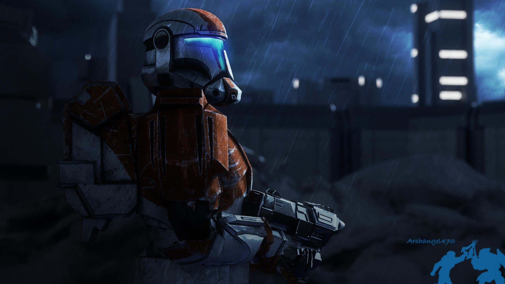 A Star Wars Character Standing In The Rain Background