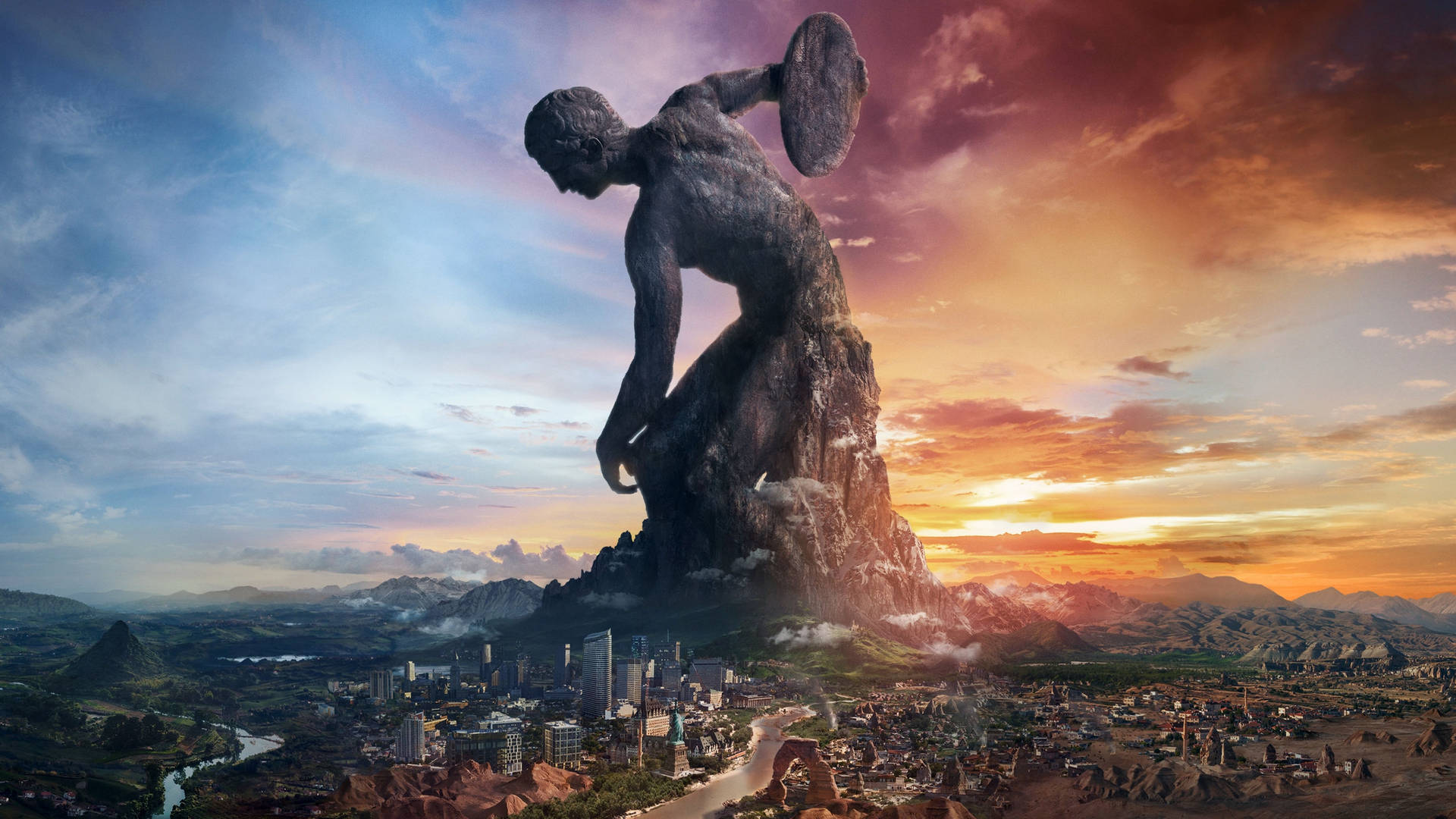 A Statue Of A Man On Top Of A City Background