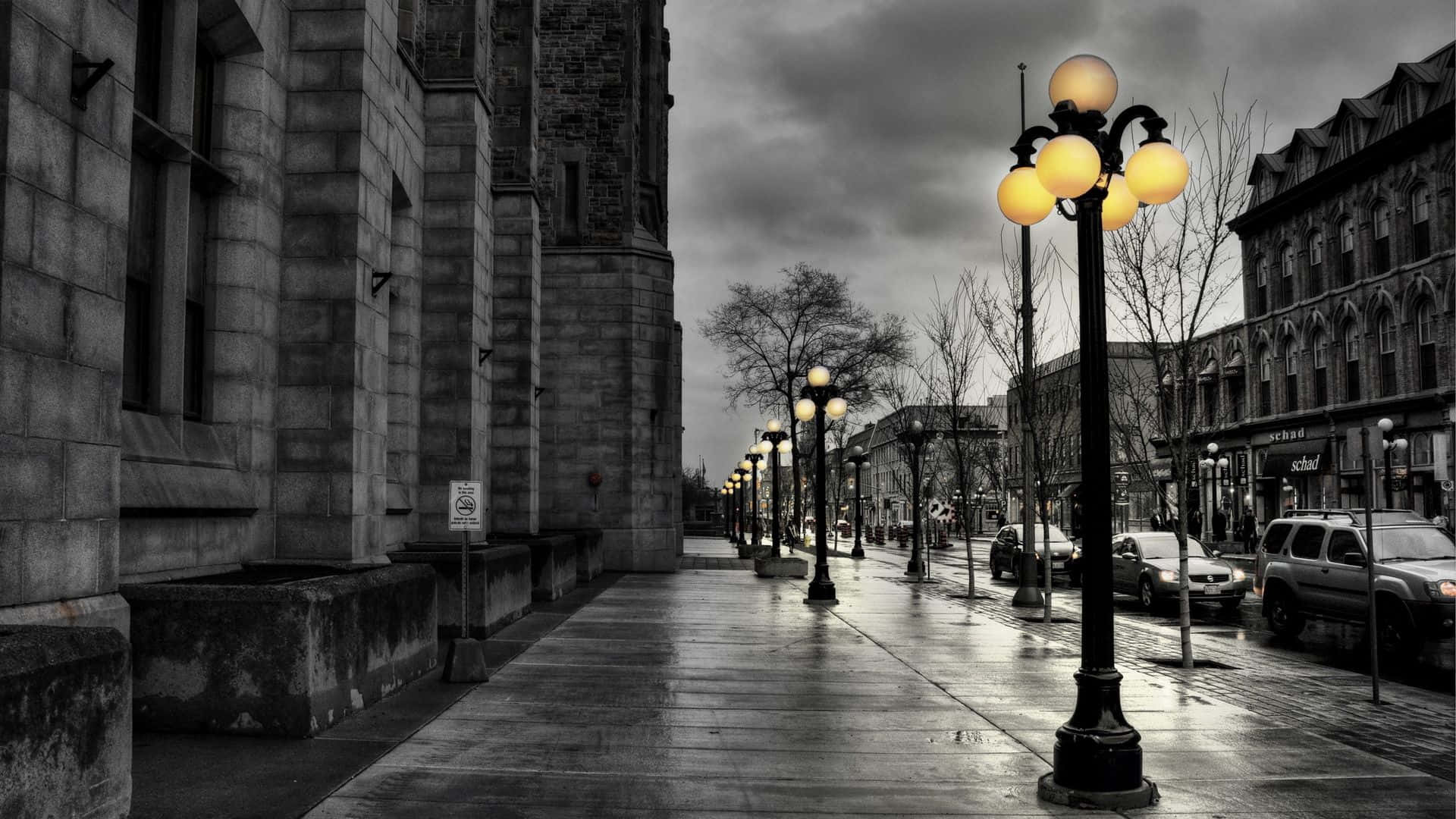 A Street Lamp On A Wet Sidewalk