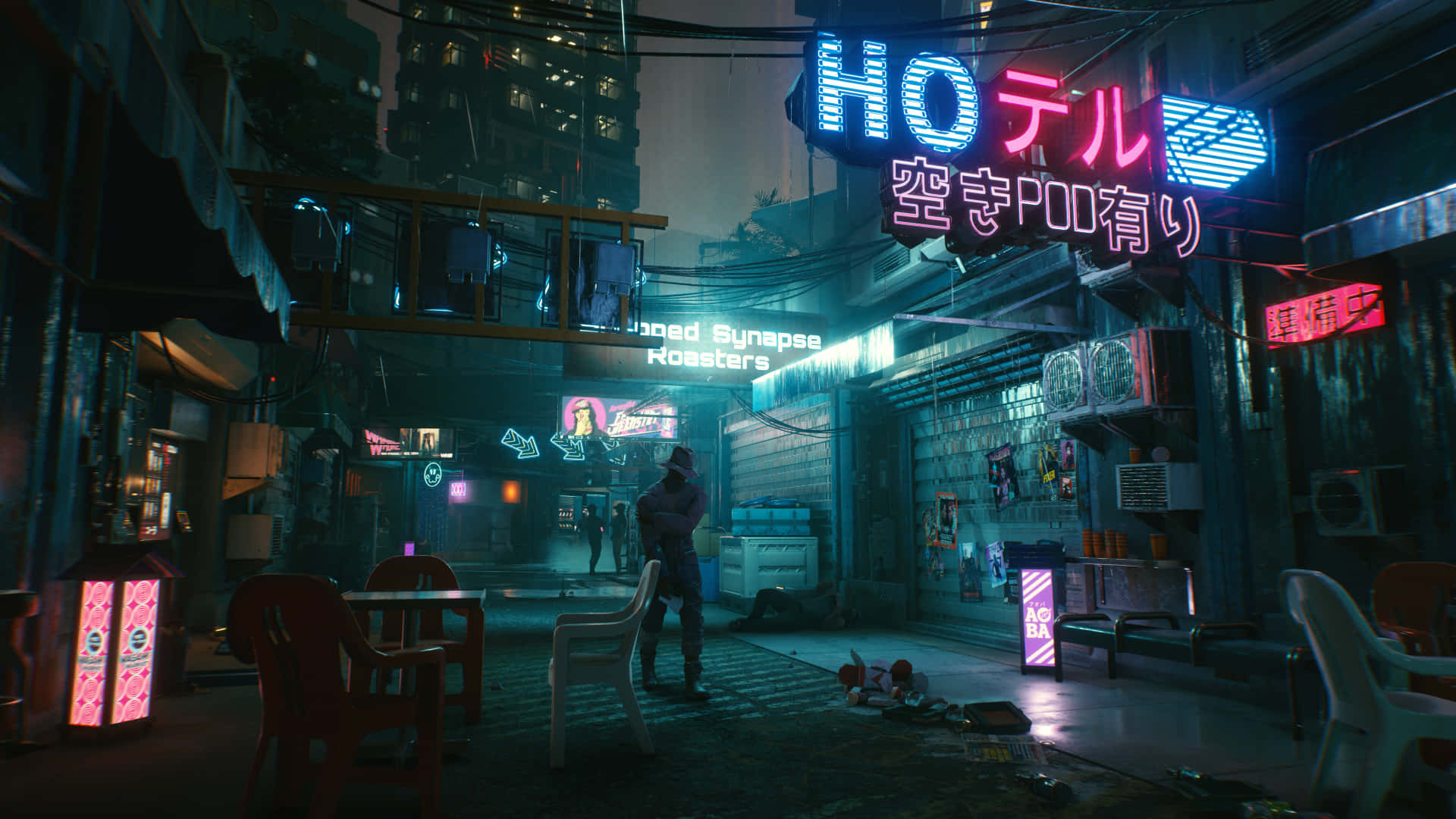 A Street Scene With Neon Signs And Tables Background