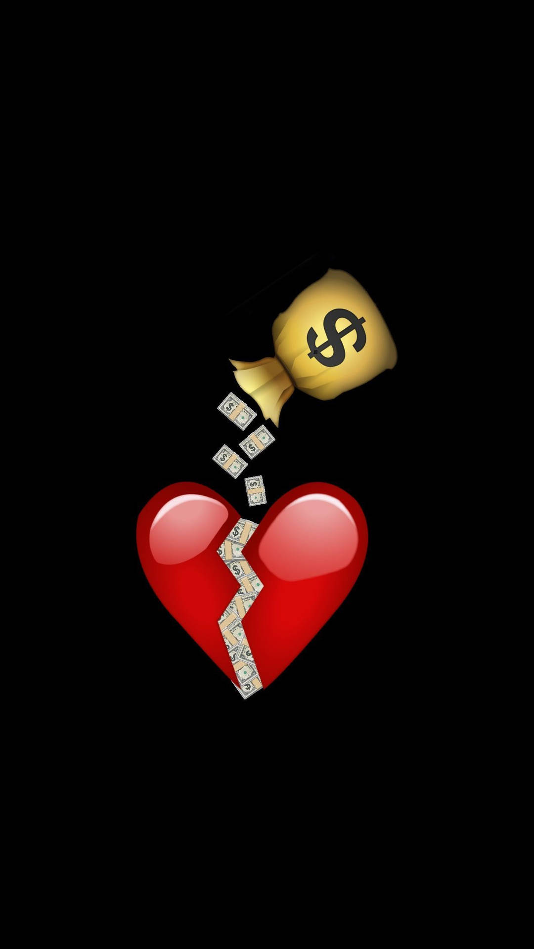A Striking Depiction Of A Broken Heart Surrounded By Dollar Notes Background