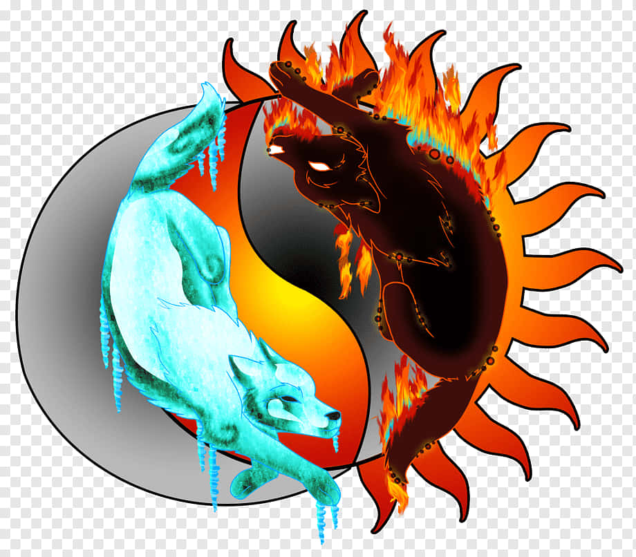 A Striking Scene Of Fire And Ice, Both Natural Elements Of The Majestic Wolf Background