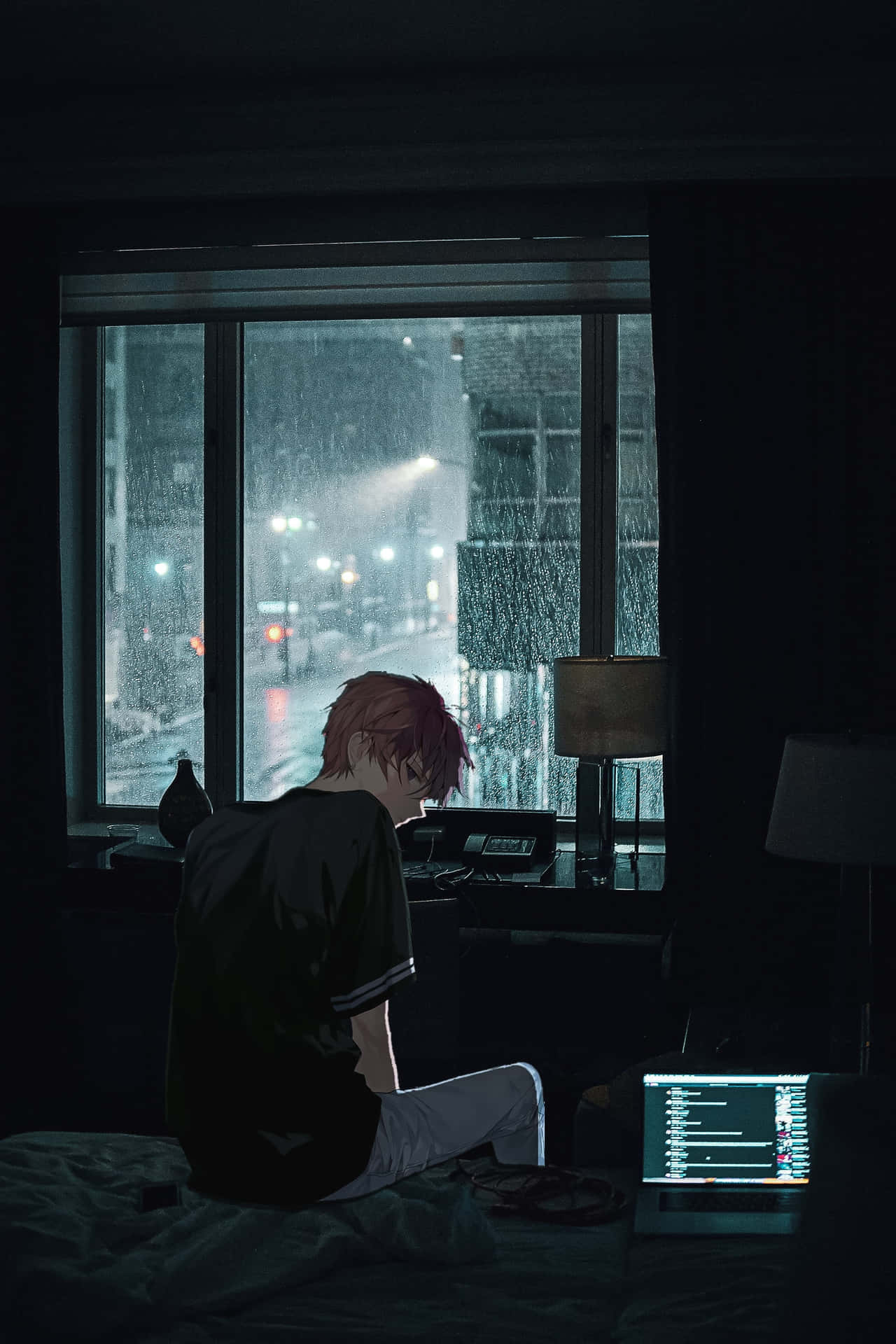 A Stylish Anime Boy Working On His Computer Background