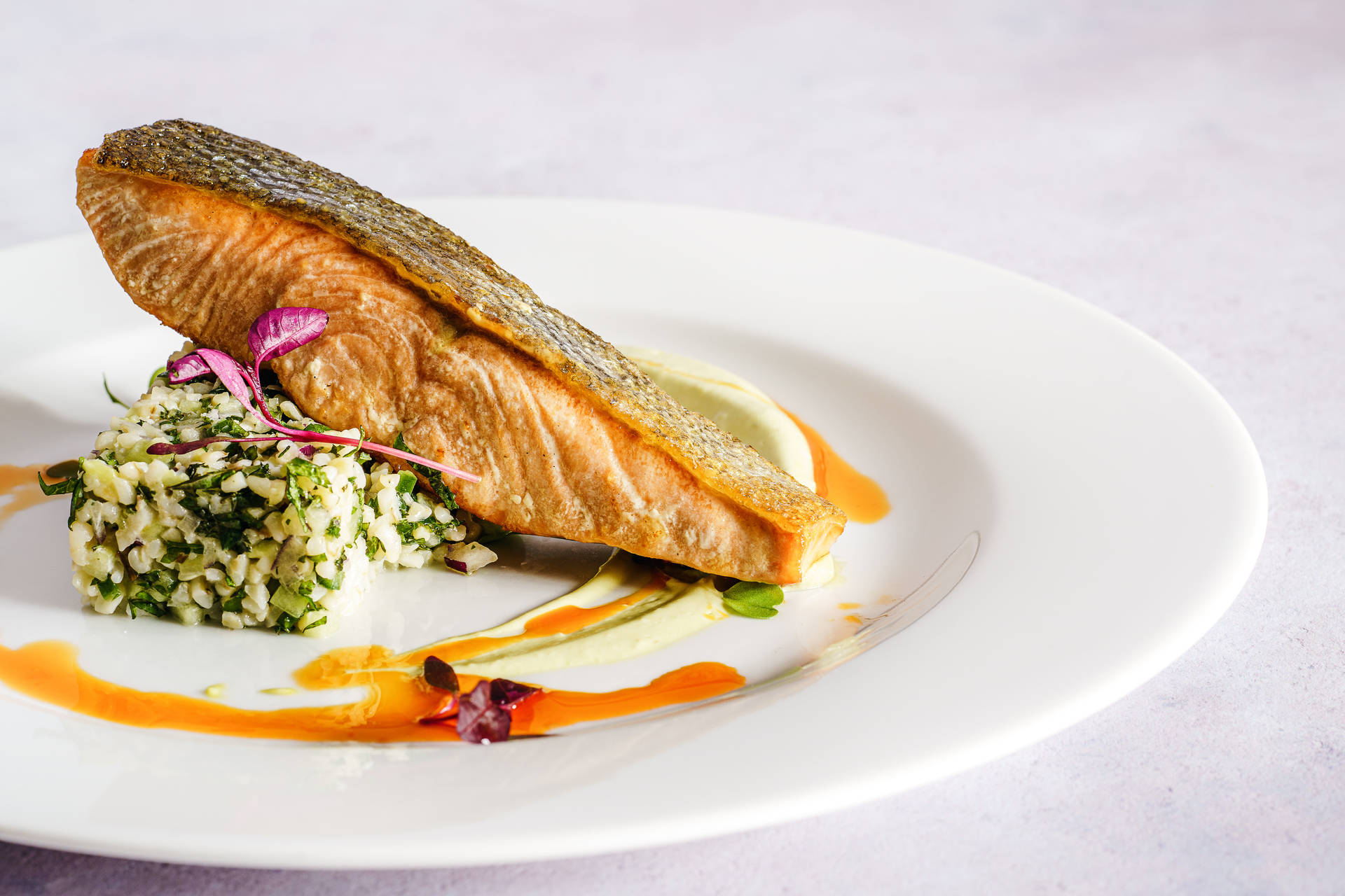 A Succulent Dish Of Salmon With Tofu And Sauce Background