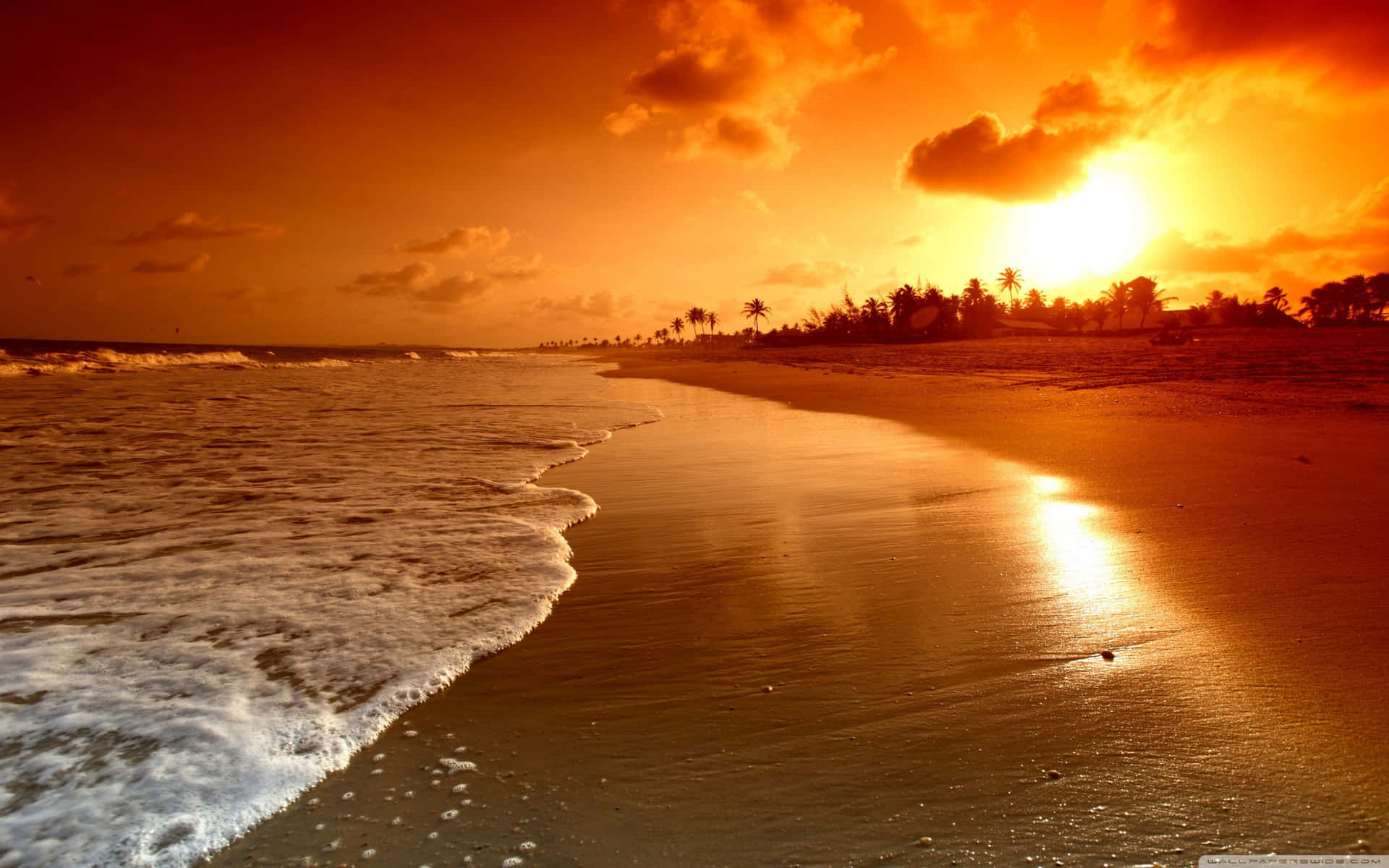 A Sunset On A Beach With Waves Background