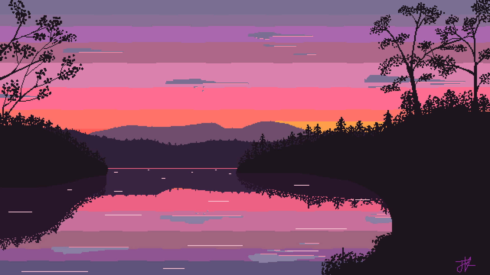 A Sunset Over A Lake With Trees And Mountains Background