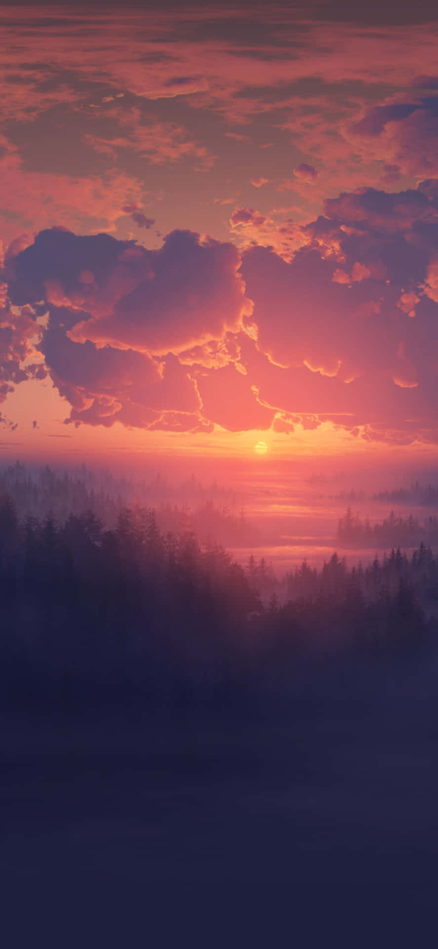 A Sunset Over A Valley With Trees And Clouds Background