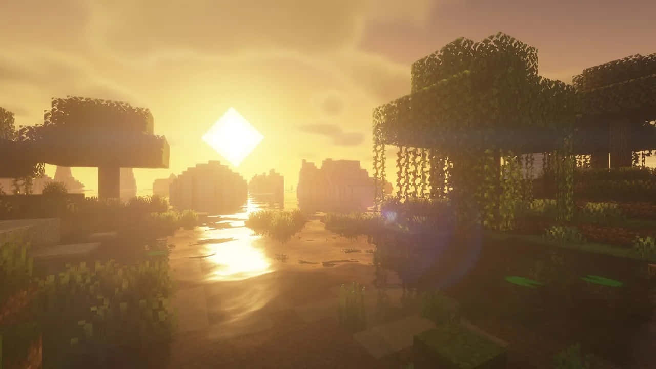 A Sunset View Of A Minecraft World Background