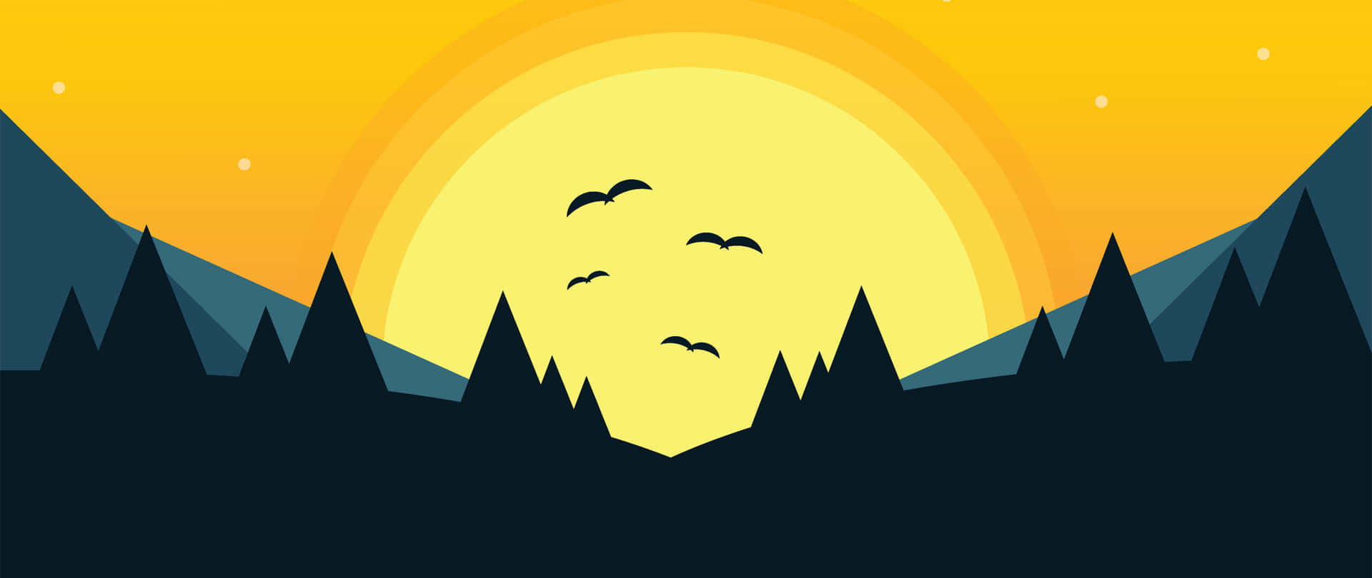 A Sunset With Birds Flying Over The Mountains Background