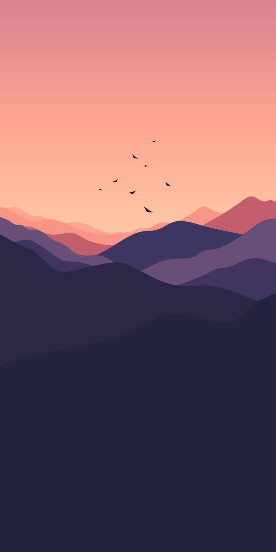 A Sunset With Birds Flying Over The Mountains Background