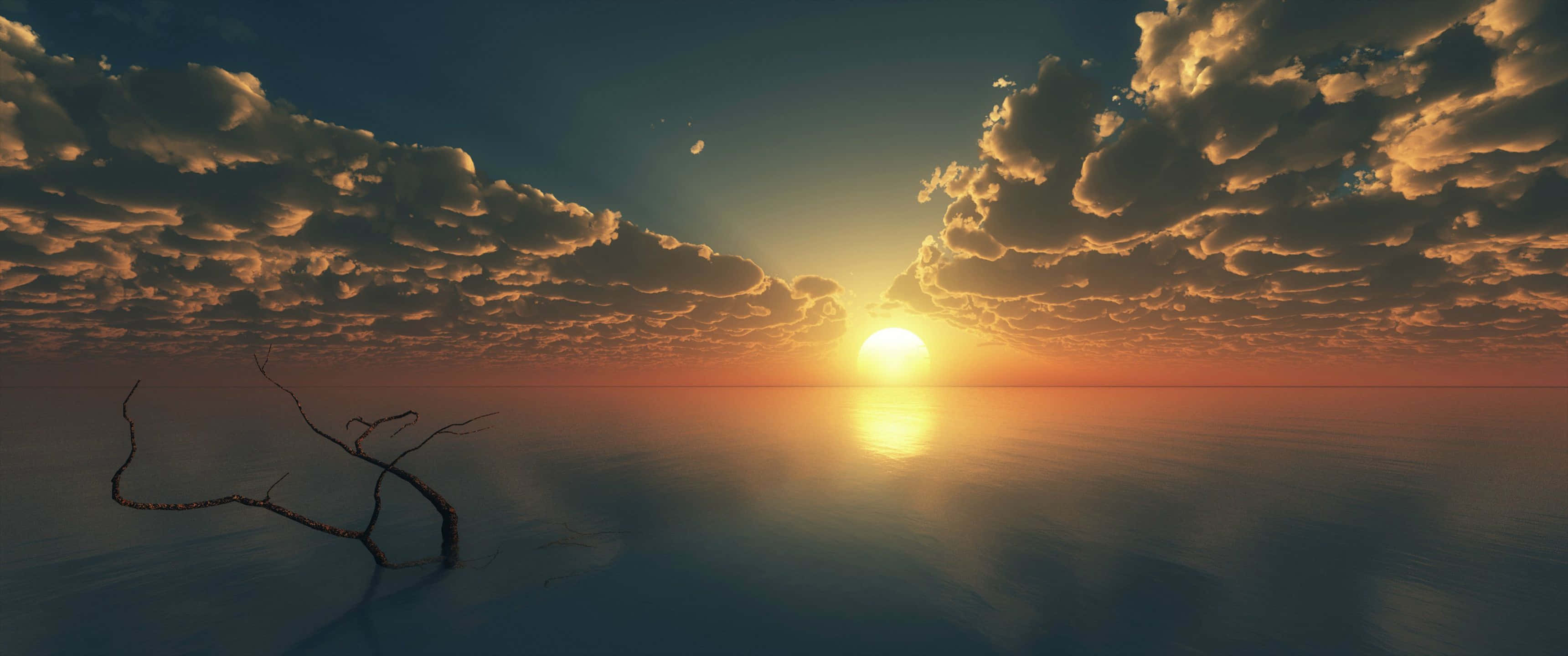 A Sunset With Clouds And A Tree In The Water Background